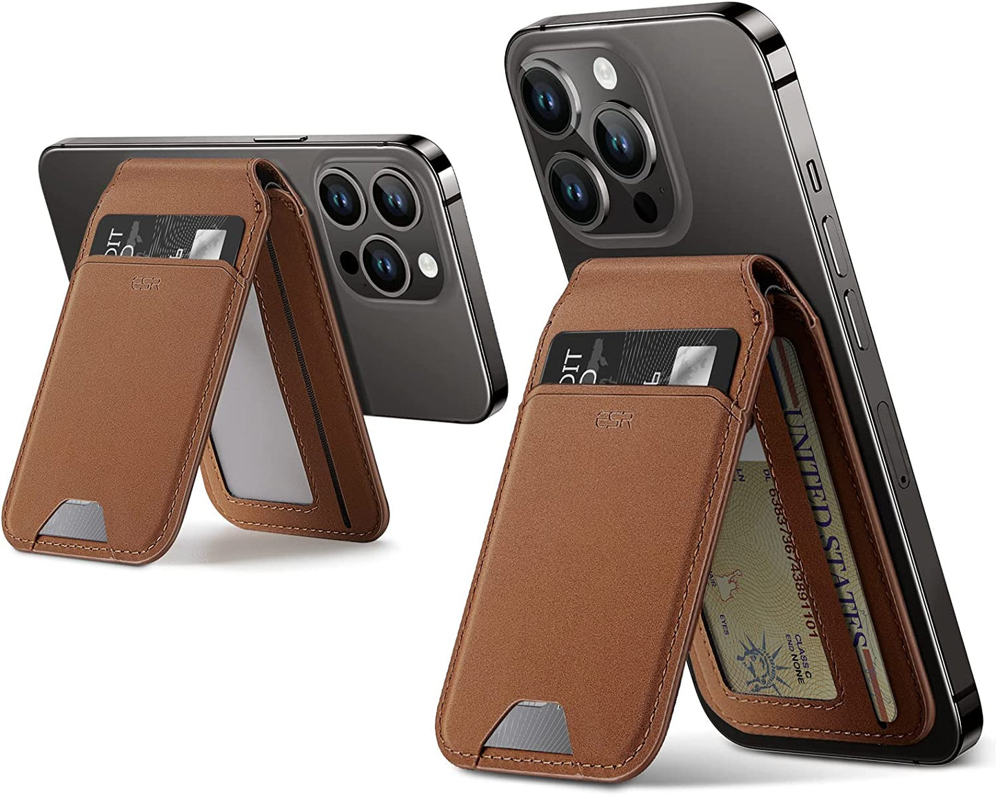 ESR Halolock Vegan Leather Phone Wallet Stand, Magsafe Wallet and Adjustable Stand, Magnetic Wallet Compatible with Iphone 14/13/12 Series, Not Compatible with Iphone 13/12 Mini, 3 Card Holder, Black Electronic Silk Road Corp Brown