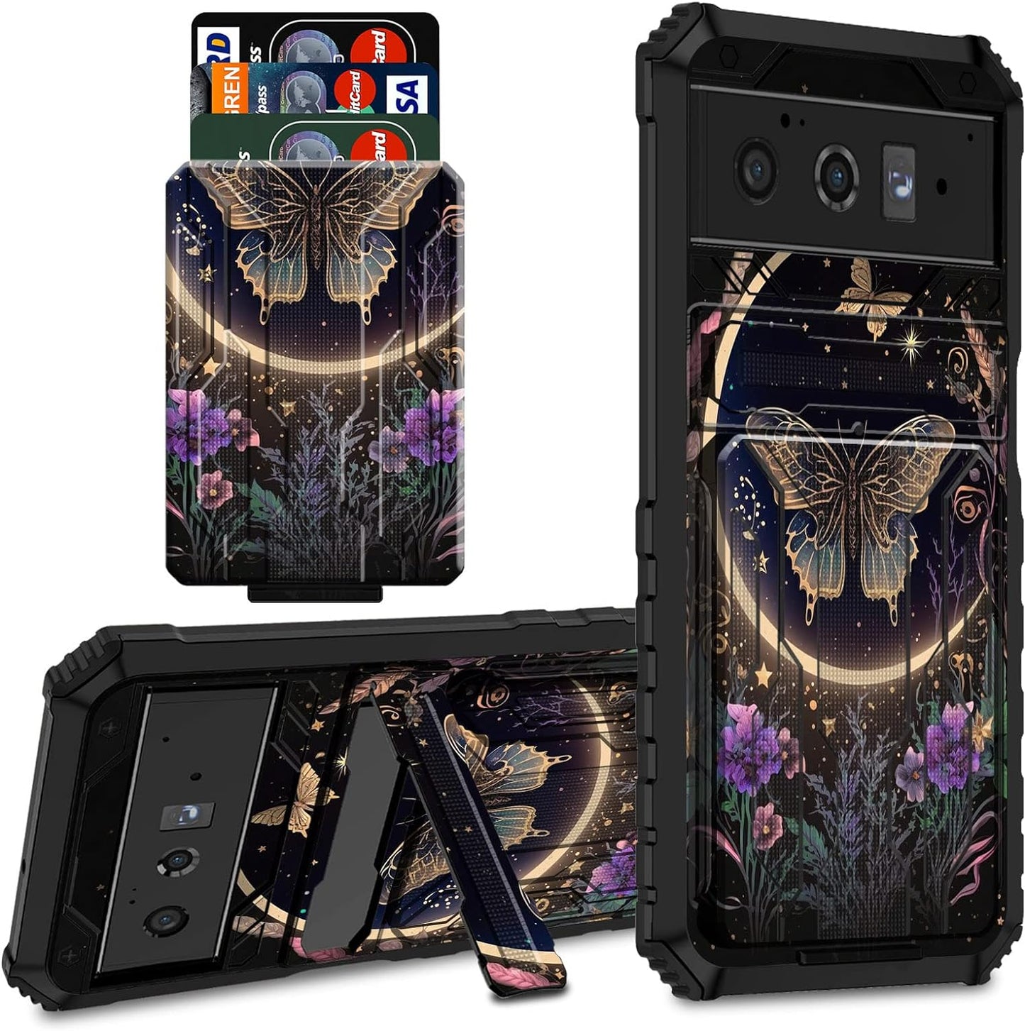 CGFGHHUY for Google Pixel 6 Pro Case for Pixel 6 Pro Wallet Case with Credit Card Holder & Kickstand Dual Layer Hard PC Soft TPU Protective Case for Google Pixel 6 Pro 6.7 Inch 2021 - Moth Moon Sun CGFGHHUY Flowers Plants Butterflies For Pixel 6 Pro 6.7 Inch