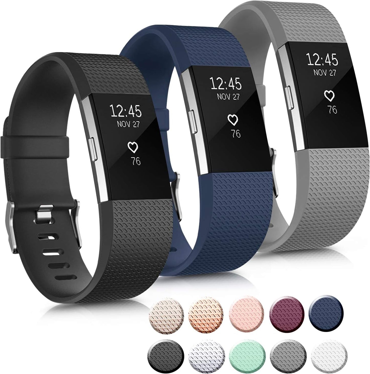 3 Pack Sport Bands Compatible with Fitbit Charge 2 Bands Women Men, Adjustable Replacement Strap Wristbands for Fitbit Charge 2 HR Small Large (Small, Black/Purple/Navy Blue) Mugust Black/Navy Blue/Gray Small