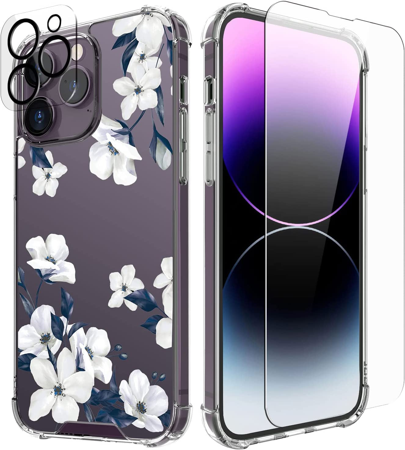 Cutebe [3 in 1 Crystal Phone Case for Iphone 13(2021)/Iphone 14(2022) 6.1", Cute Protective Cover with 9H Temper Glass Screen Protector + HD Temper Camera Lens Protector for Women, Girls Cutebe iPhone 14 Pro Max-Magnolias iPhone 14 Pro Max Case 6.7 Inch
