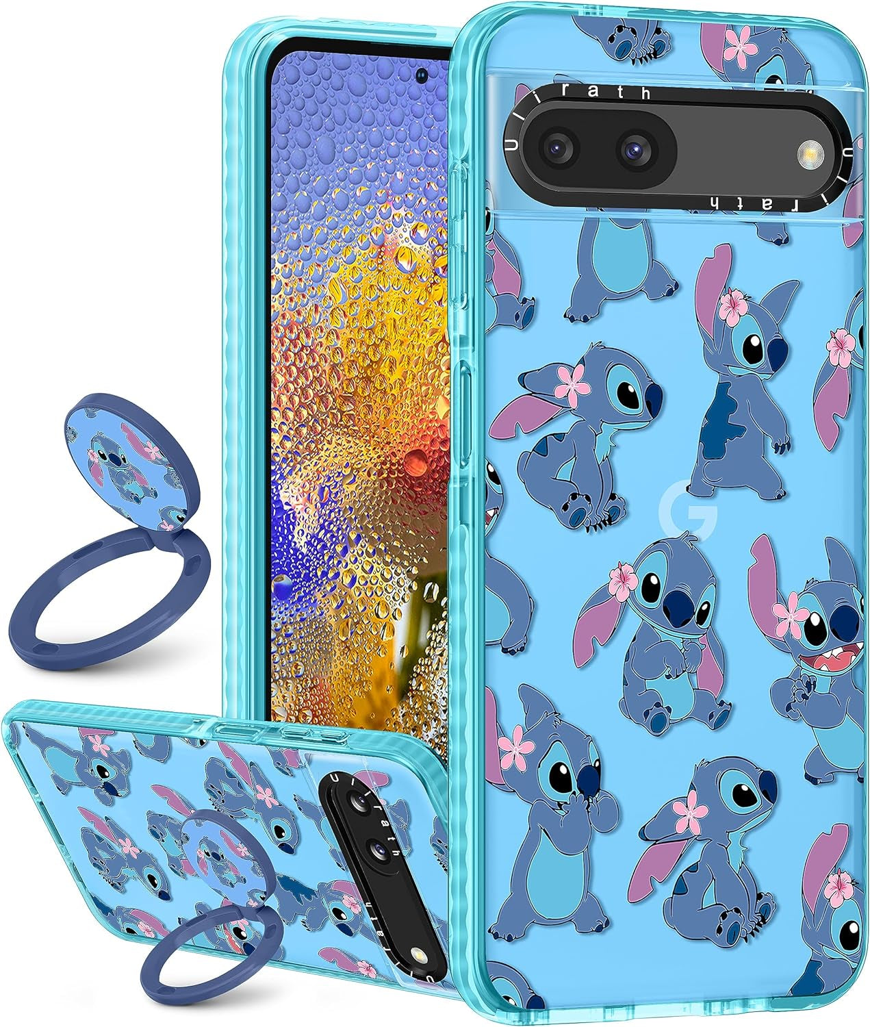 Ulirath (2In 1 for Pixel 6A Case Cute Cartoon Character Design for Girls Kids Boys Teens Women Girly Cover Kawaii Cool TPU Cases with Ring Holder for Google Pixel 6A 6.1",Blue Kiss Ulirath Black Stih