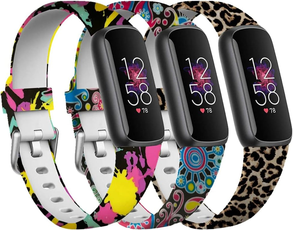 3 Pack Bands Compatible with Fitbit Luxe Bands for Women Men, Flexible Waterproof Replacement Wristband Sport Watch Strap Small OMAIGAR Leopard/Drawing/Colorful Jellyfish Large(7.1"-8.9")