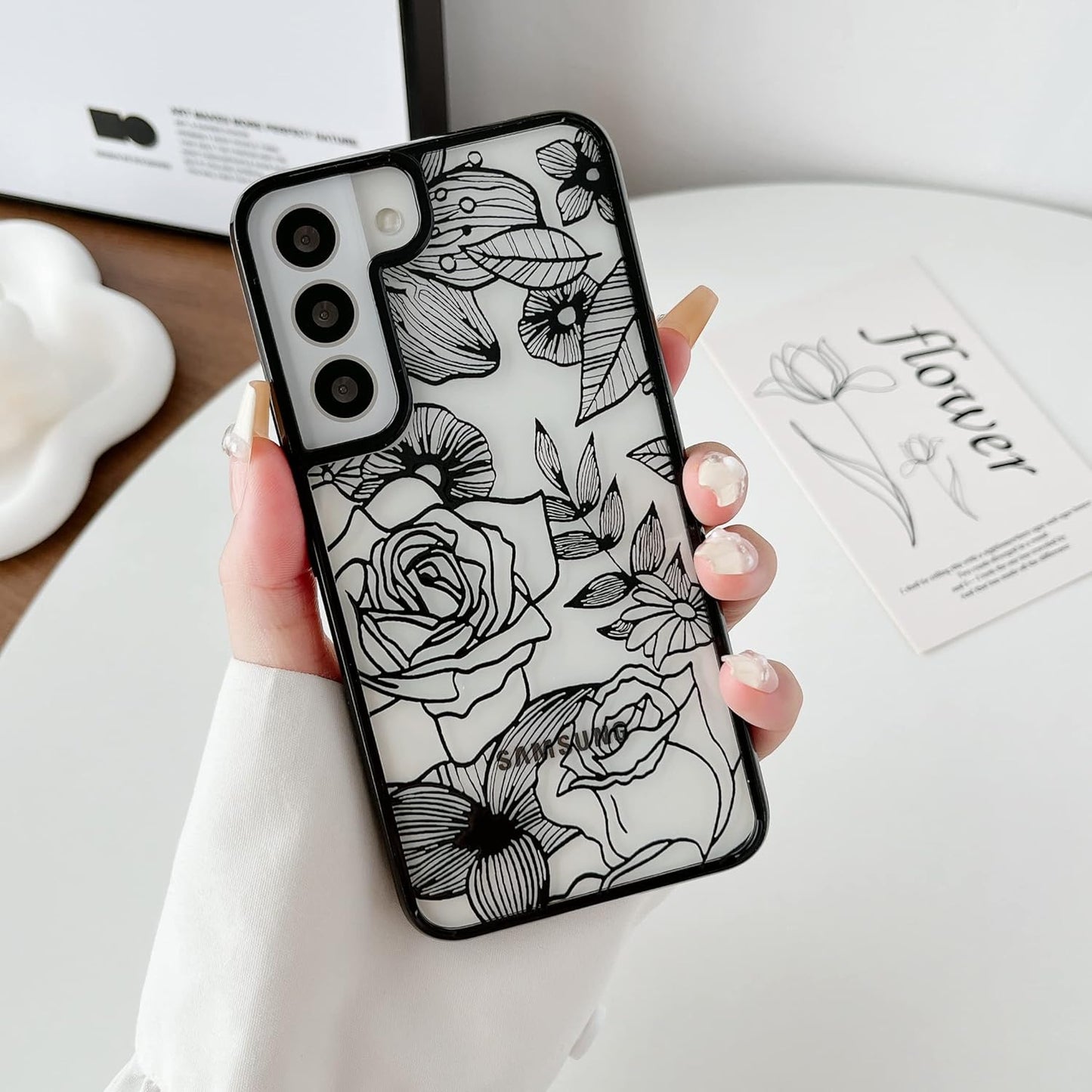 XIZYO Designed for Samsung Galaxy S22 Case, Rose Pattern Floral Print Design Slim Case for Girls Women TPU Bumper Shockproof Protective Cover, Black XIZYO Clear Black