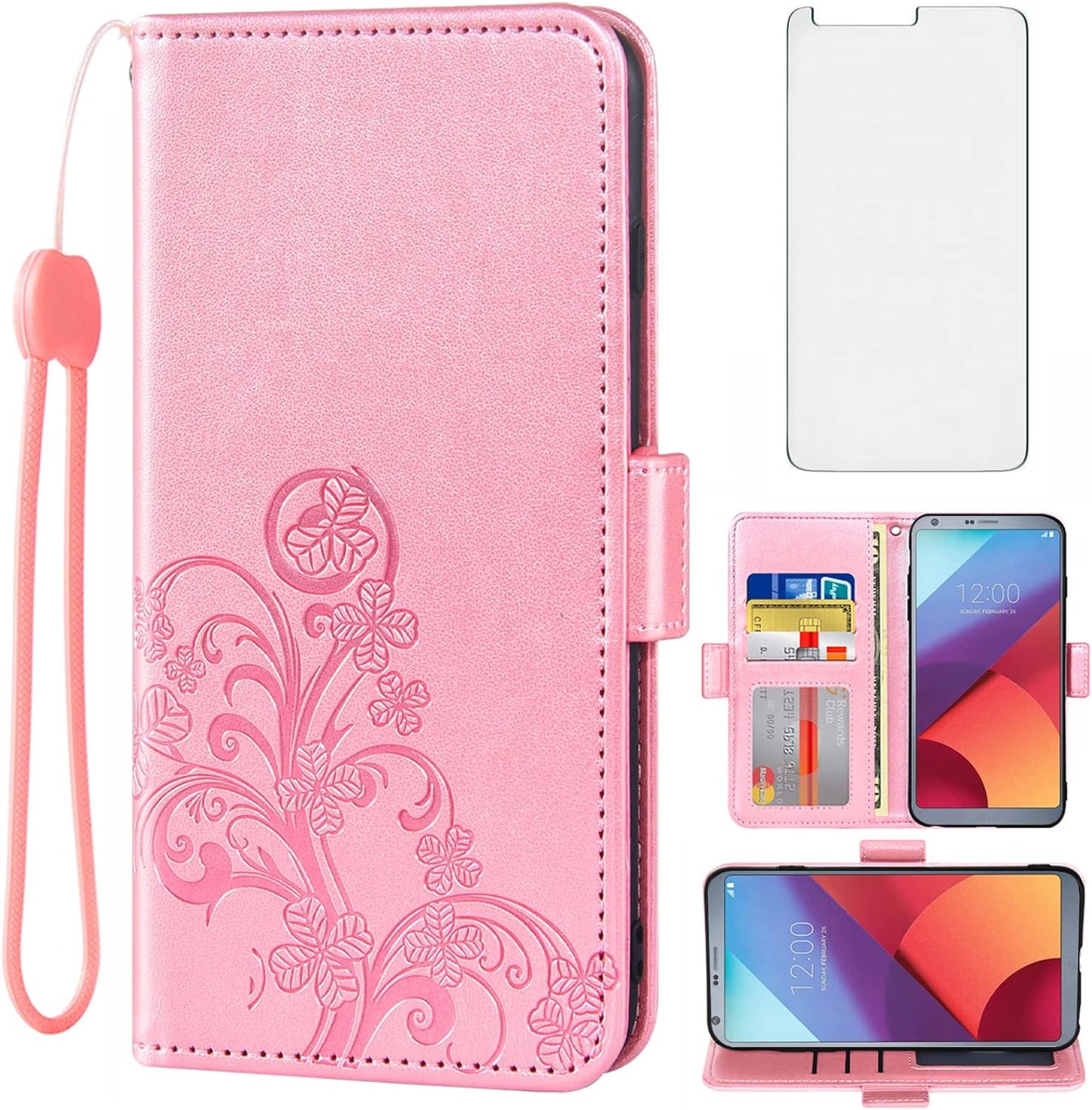 Asuwish Compatible with LG G6 Wallet Case and Tempered Glass Screen Protector Flip Purse Accessories Wrist Strap Card Holder Cell Phone Cover for LGG6 Thinq LG6 Thin Q G 6 plus G6+ 6G VS988 H872 Grey Asuwish Rose Gold