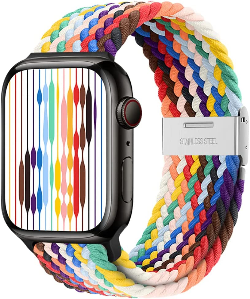 Qimela Compatible with Apple Watch Band 49Mm 45Mm 44Mm 42Mm,Stretchy Sport Solo Loop Strap with Adjustable Buckle,Elastic Nylon Braided Wristband for Iwatch Series 8 7 6 SE 5 4 3 2 1 Ultra,Women Men FS-TECH Pride Edition 38mm/40mm/41mm
