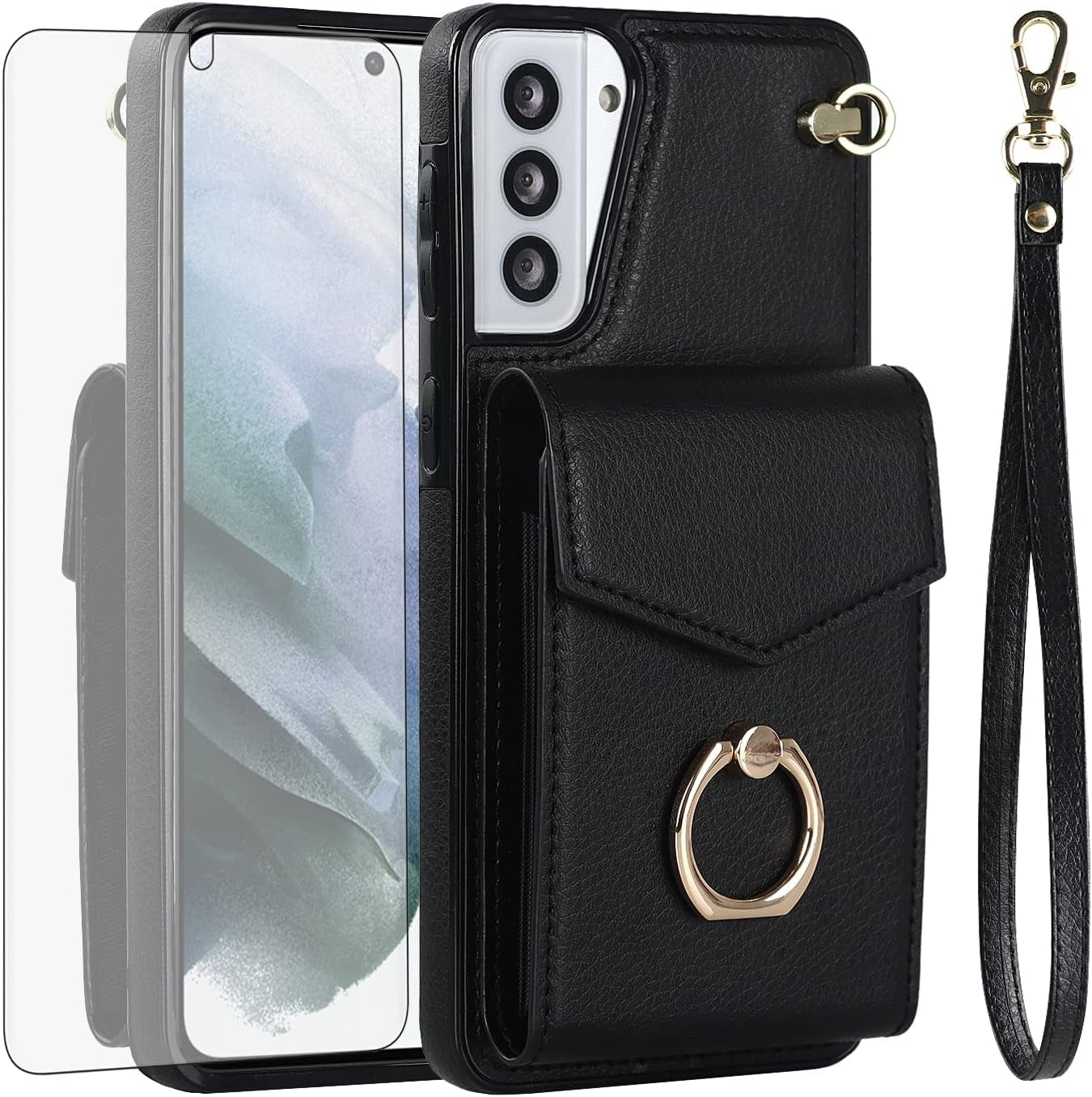 Asuwish Phone Case for Samsung Galaxy S21 plus S21+ 5G Wallet Cover with Tempered Glass Screen Protector and RFID Blocking Ring Credit Card Holder Cell S21+5G S21Plus 21S + S 21 21+ G5 Women Rose Gold Asuwish Black For S21 Plus / S21 Plus 5G