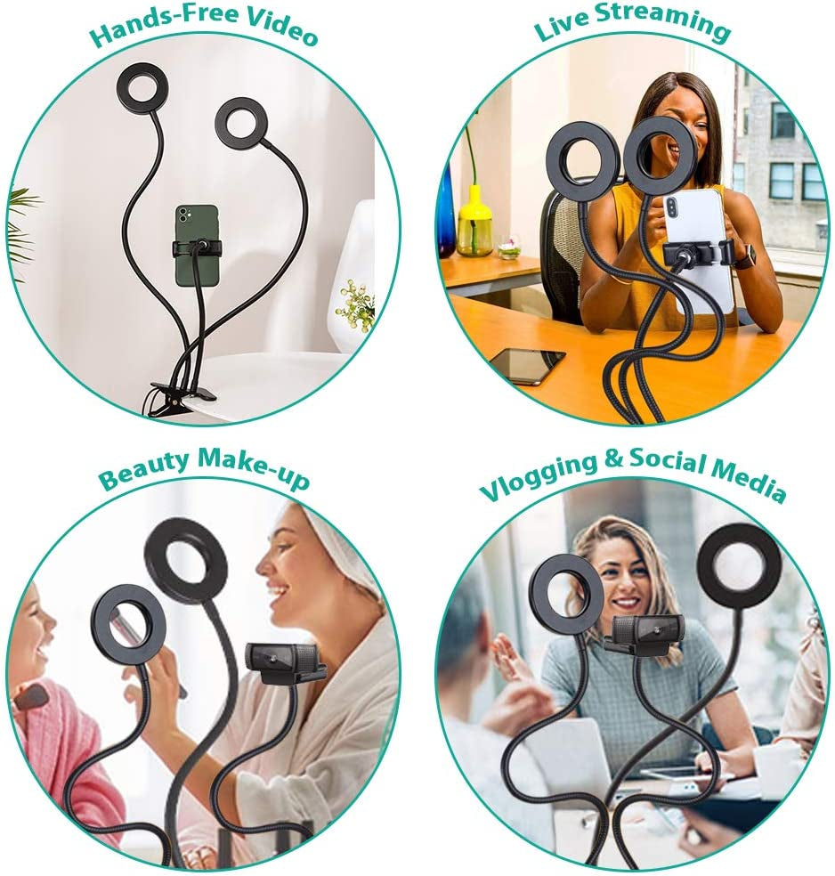 Nexigo 3.5 Inch Dual Selfie Ring Light with Moible Phone & Webcam Holder, 3-Light Modes, 10 Brightness Levels, LED Ringlight with Tripod Stand, for Live Streaming Makeup Video Conference NexiGo