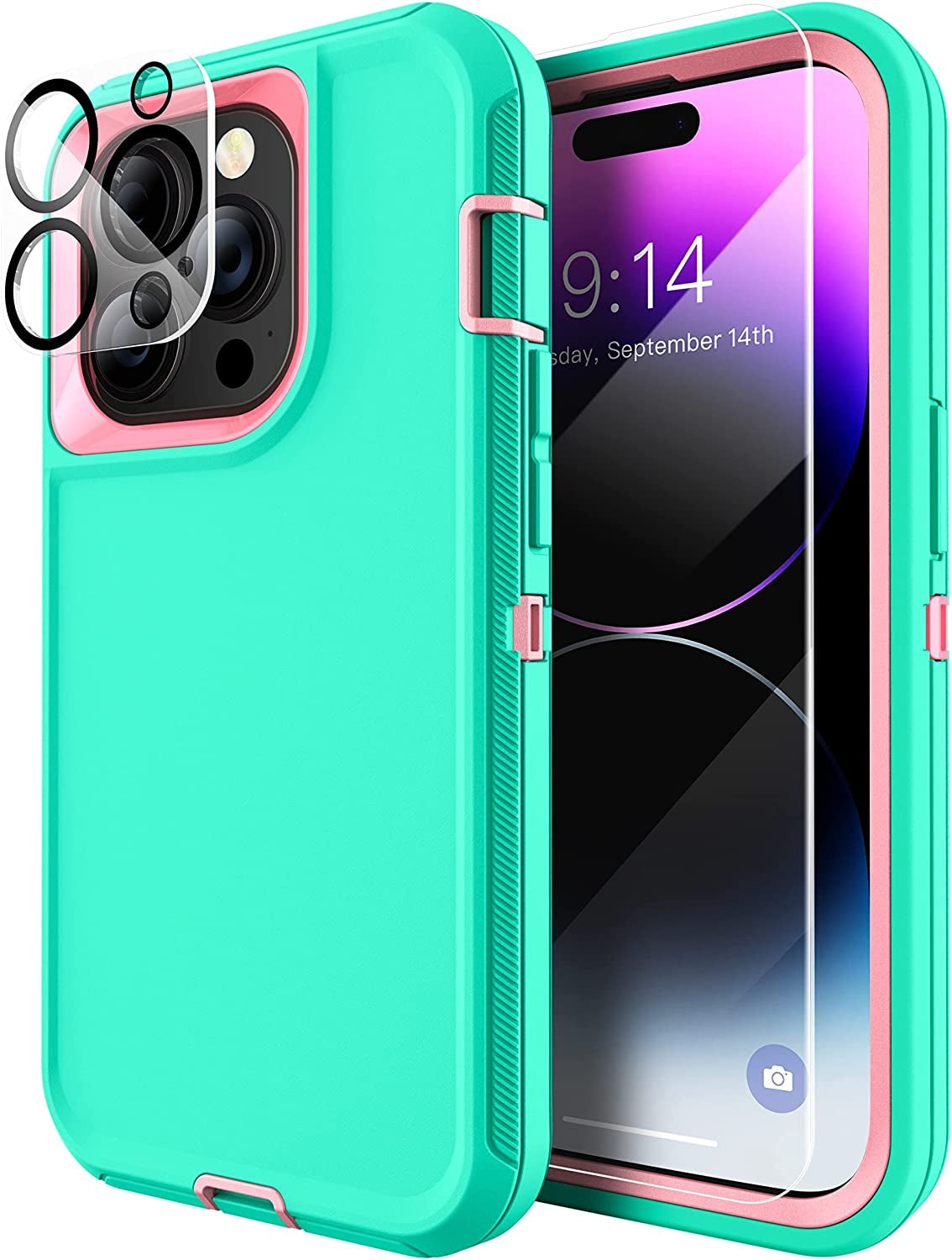 MXX Iphone 14 Pro Heavy Duty Case, 3-Layer Full Body Protection, Tempered Glass and Camera Lens Protector (Plum/Light Pink) MXx Accessories LLC
