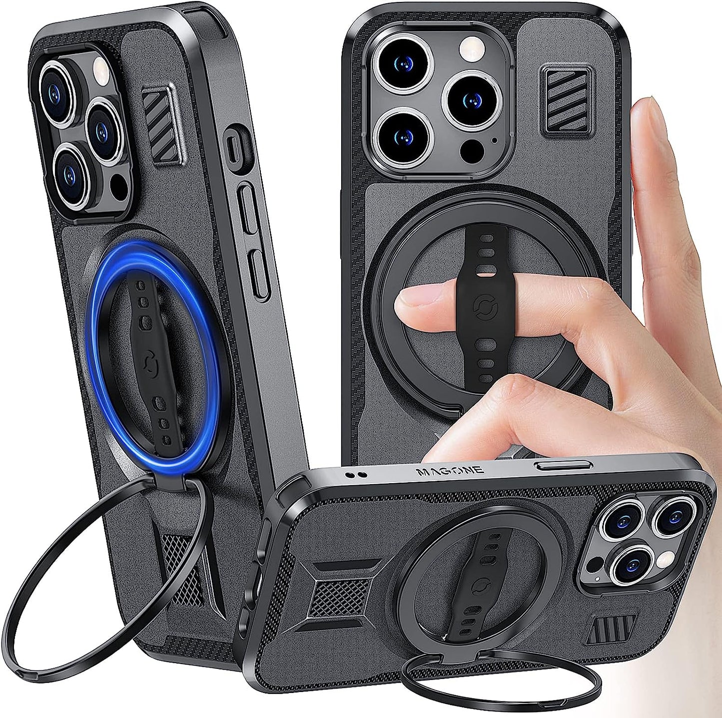 EWA Magone Case Designed for Iphone 14 Pro Max Case Compatible with Magsafe with Ring Stand, Strap Grip, Dual Magnet Stick to Metal, Rugged Shockproof Protective (Black) EWA Black Iphone 14 Pro