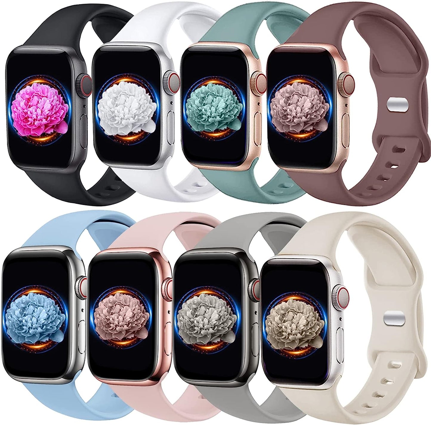 8 Pack Bands Compatible with Apple Watch Band 38Mm 40Mm 41Mm 42Mm 44Mm 45Mm 49Mm for Women Men, Breathable Soft Silicone Waterproof Sport Strap Compatible with Iwatch Series Ultra 8 7 6 5 4 3 2 1 SE Brigtlaiff Black/Smokey Mauve/Cactus/Starlight/Light Blue/Pink Sand/Grey/White 38mm/40mm/41mm