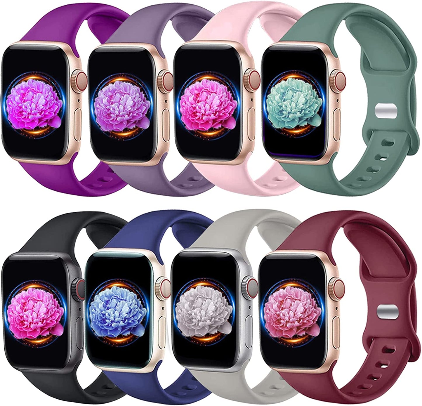 8 Pack Bands Compatible with Apple Watch Band 38Mm 40Mm 41Mm 42Mm 44Mm 45Mm 49Mm for Women Men, Breathable Soft Silicone Waterproof Sport Strap Compatible with Iwatch Series Ultra 8 7 6 5 4 3 2 1 SE Brigtlaiff Black/Purple/Gray/Pink Sand/Pine Green/Wine Red/ Blue/Lavender Gray 42mm/44mm/45mm/49mm