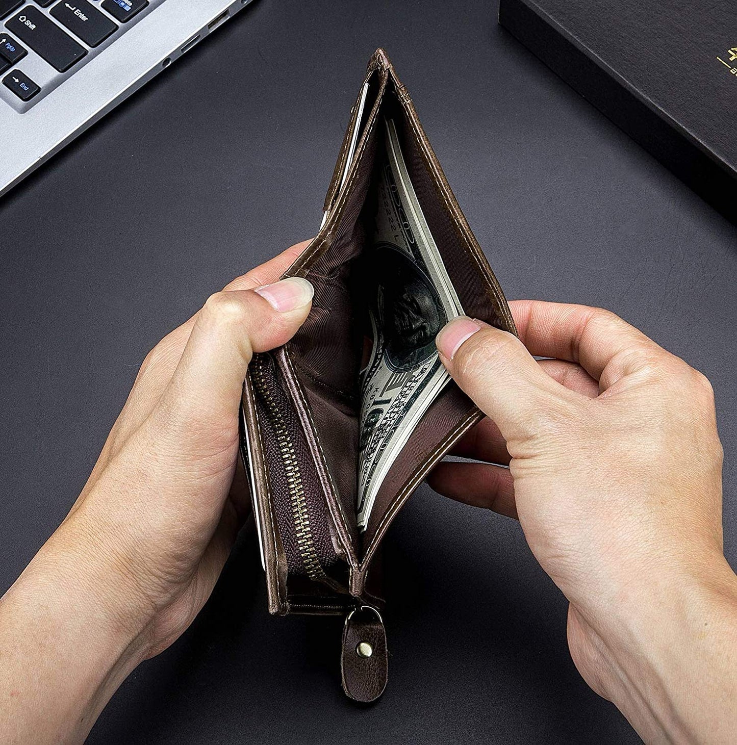 Mens RFID Blocking Wallet,Leather Vintage Bifold Card Holder Purse with Zipper BULLCAPTAIN