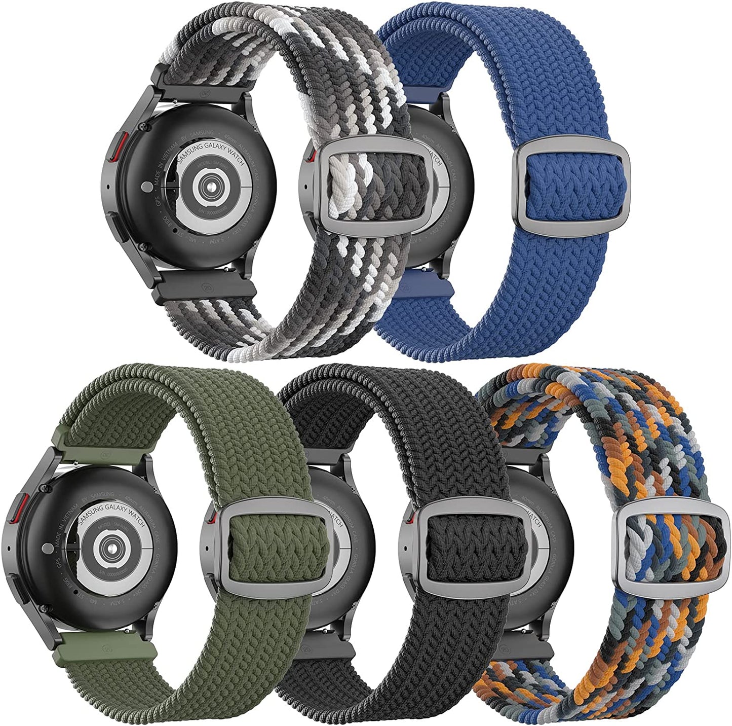 20Mm Braided Bands Compatible with Samsung Galaxy Watch 5&4 Band/Active 2 40Mm 44Mm/Galaxy Watch 5 Pro 45Mm/Galaxy Watch 4 Classic 42Mm 46Mm/Watch 3 41Mm, 5 Pack Elastic Stylish Quick Release Bands ABOVEACC C-Camouflage/Gradient Black/Blue/Army Green/Black