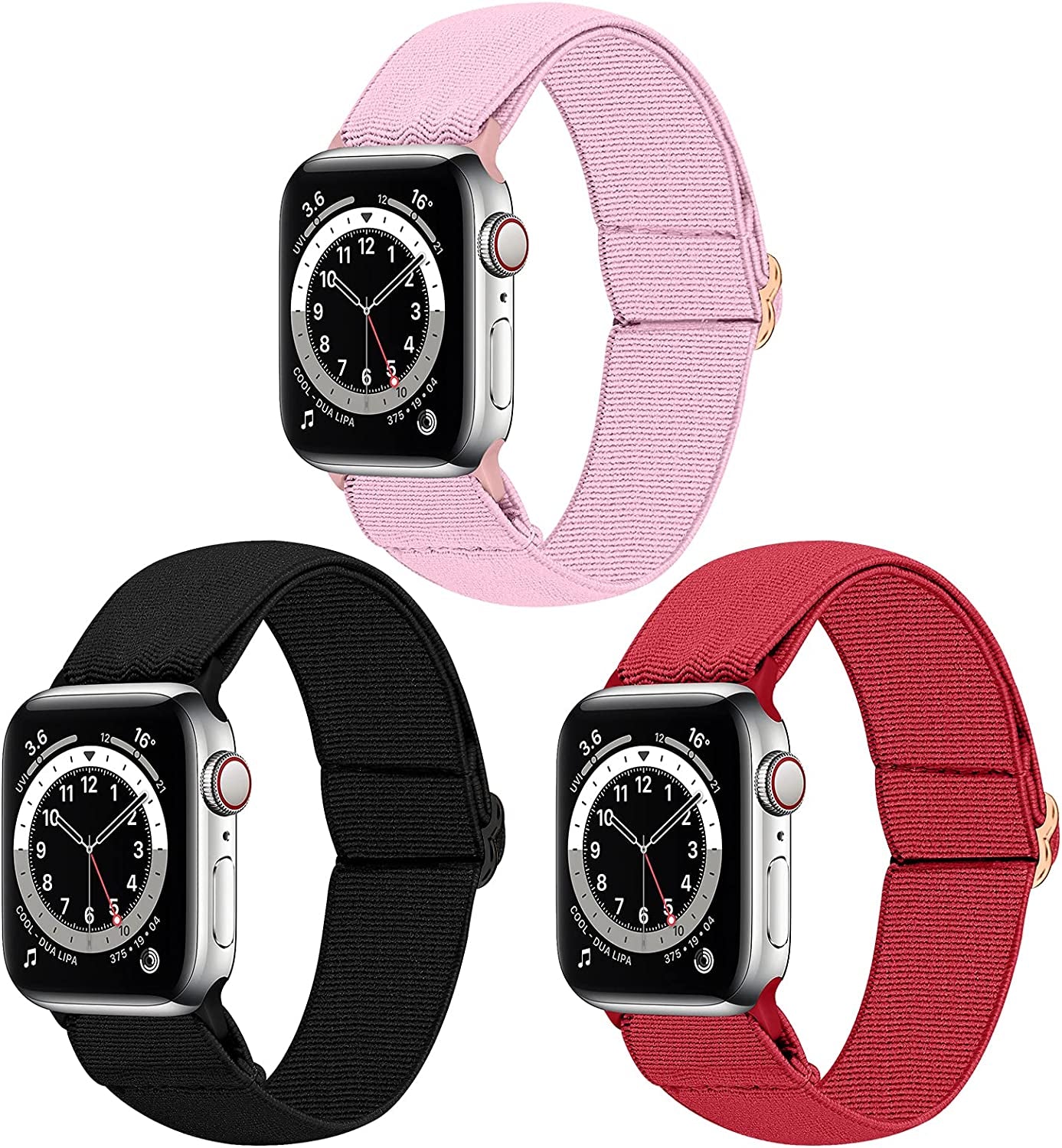 Dsytom 3 Pack Elastic Band Compatible with Apple Watch Bands 38Mm 41Mm 40Mm 42Mm 44Mm 45Mm, Adjustable Stretchy Nylon Bands for Iwatch Series Ultra 8/7/6/5/4/3/2/1 SE Strap for Women Dsytom Pink+Red+Black 38mm/40mm/41mm