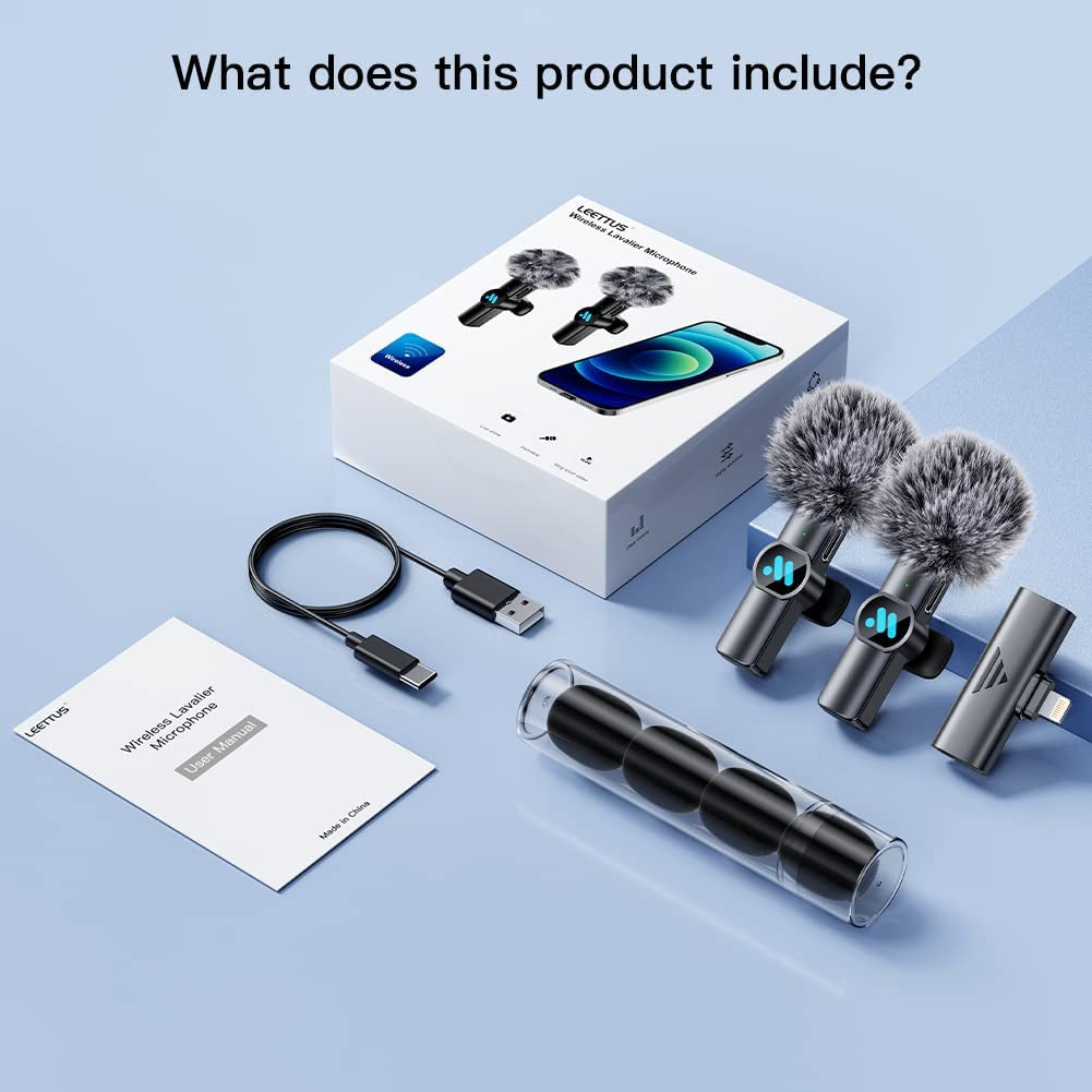 Leettus 2Pcs Lavalier Wireless Microphone for Iphone Ipad, Wireless Microphone for Video Recording, Game Live Streaming, Interviews, Youtube, Tiktok, Vlog Leettus