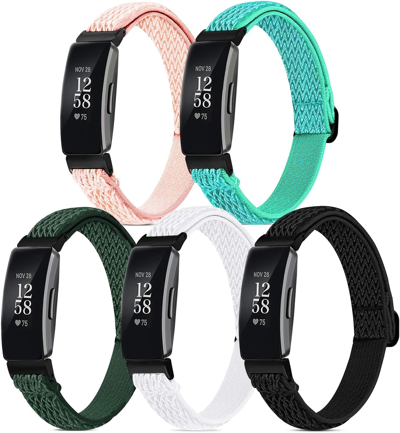 5 Pack Elastic Bands Compatible with Fitbit Inspire 2 / Inspire HR / Inspire / Ace 3 / Ace 2, Soft Loop Nylon Fabric Breathable Stretchy Replacement Straps Accessory Wristband for Women Men POHNUI Black+Army Green+Pink+White+Green