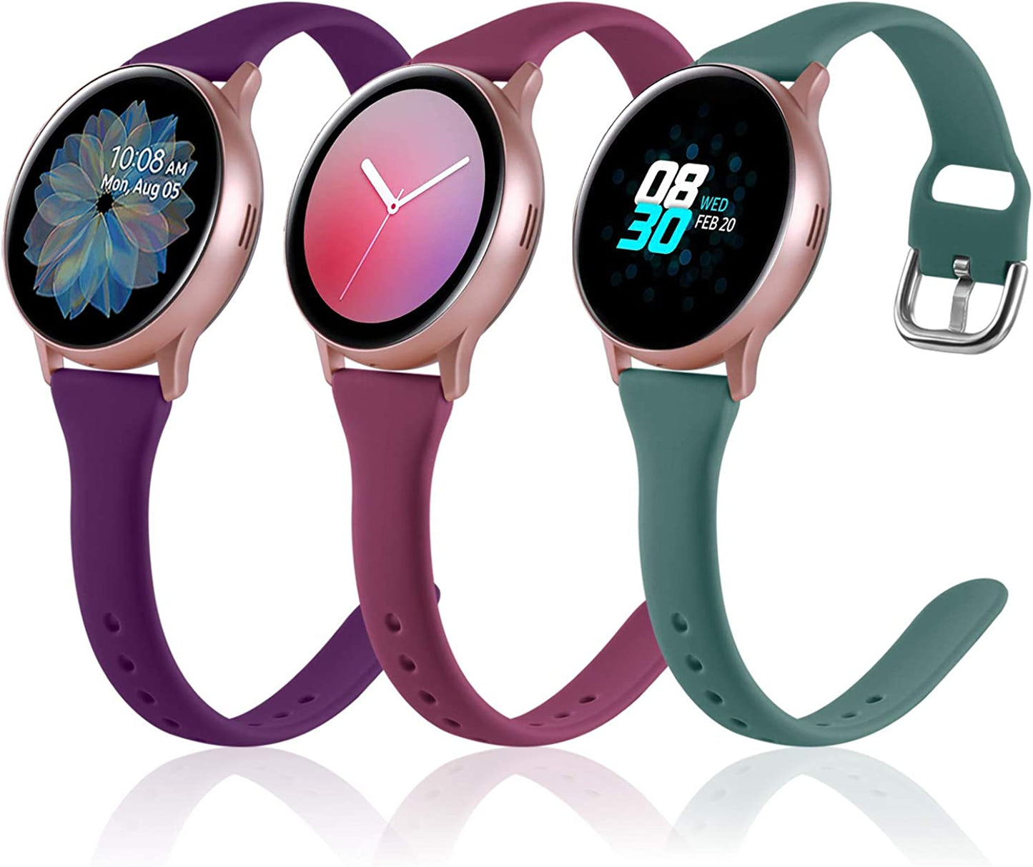 Vcegari (3 Pack) Band Compatible with Samsung Active 2 Watch 40Mm 44Mm, Galaxy Watch 3 41Mm/Galaxy Watch 42Mm/Gear S2 Classic/Gear Sport Bands, 20Mm Slim Silicone Sport Strap for Women Men Vcegari Pine Green/Fuchsia/Plum Small