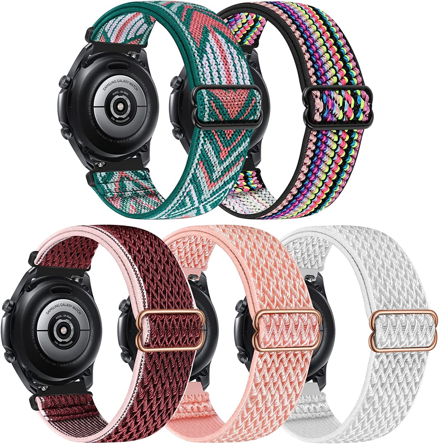 22Mm Bands Compatible with Samsung Galaxy Watch 3 45Mm Band/Galaxy Watch 46Mm/Gear S3 Frontier, Stretchy Adjustable Elastic Nylon Woven Sport Loop 22Mm Wristband for Men Women, 5 Packs HPJK GreenArrow/Colorful/Pink/Red/White