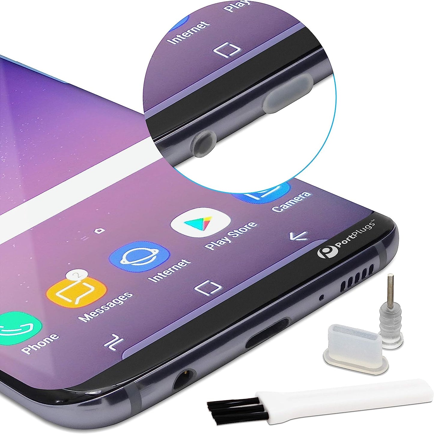 Portplugs USB C Dust Plug Set (5 Pairs) Compatible with Samsung Galaxy, Note, Pixel, Android Cell Phones, Macbook & More, Type-C Covers W/Headphone Plugs and Cleaning Brush (Black) PortPlugs Clear