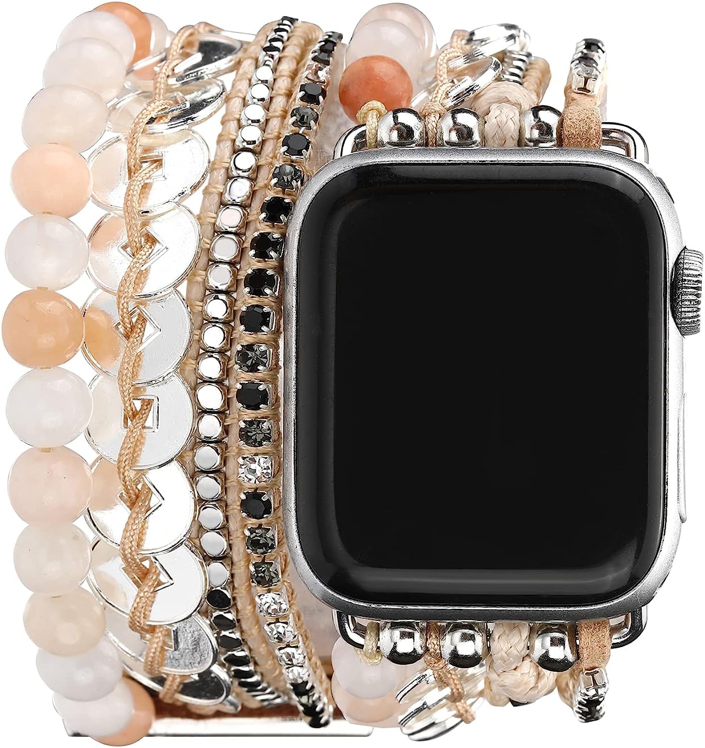 BOKIIWAY Boho Watch Bracelet Compatible with Apple Watch Series 8/7/6/5/4/3/2/1/SE – Bohemian Watch Band for Women – Handmade Braided Leather Watch Strap with Crystal Beads – Greyscale Modern Watch Strap BOKIIWAY Pink 42/44/45mm