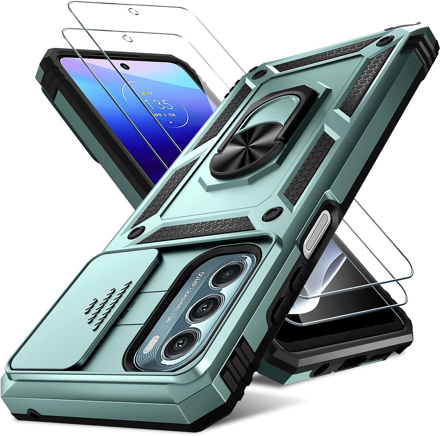 Motorola Moto G Stylus 5G 2022 Case with Tempered Glass Screen Protector,Heavy Duty Rugged Shockproof Full Body Protective Phone Cover,Cute Pink RMOCR T-Dark Green