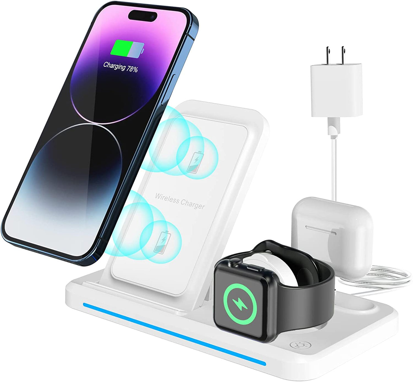 Charging Station for Apple Multiple Devices, 3 in 1 Fast Wireless Charger Foldable for Iphone 14/13/12/11/Pro/Xs/Xs Max/Xr/X/Se/8/8 plus Apple Watch 8/7/6/SE/5/4/3/2 Airpods 3/2/Pro with Adapter Bauhoo White1