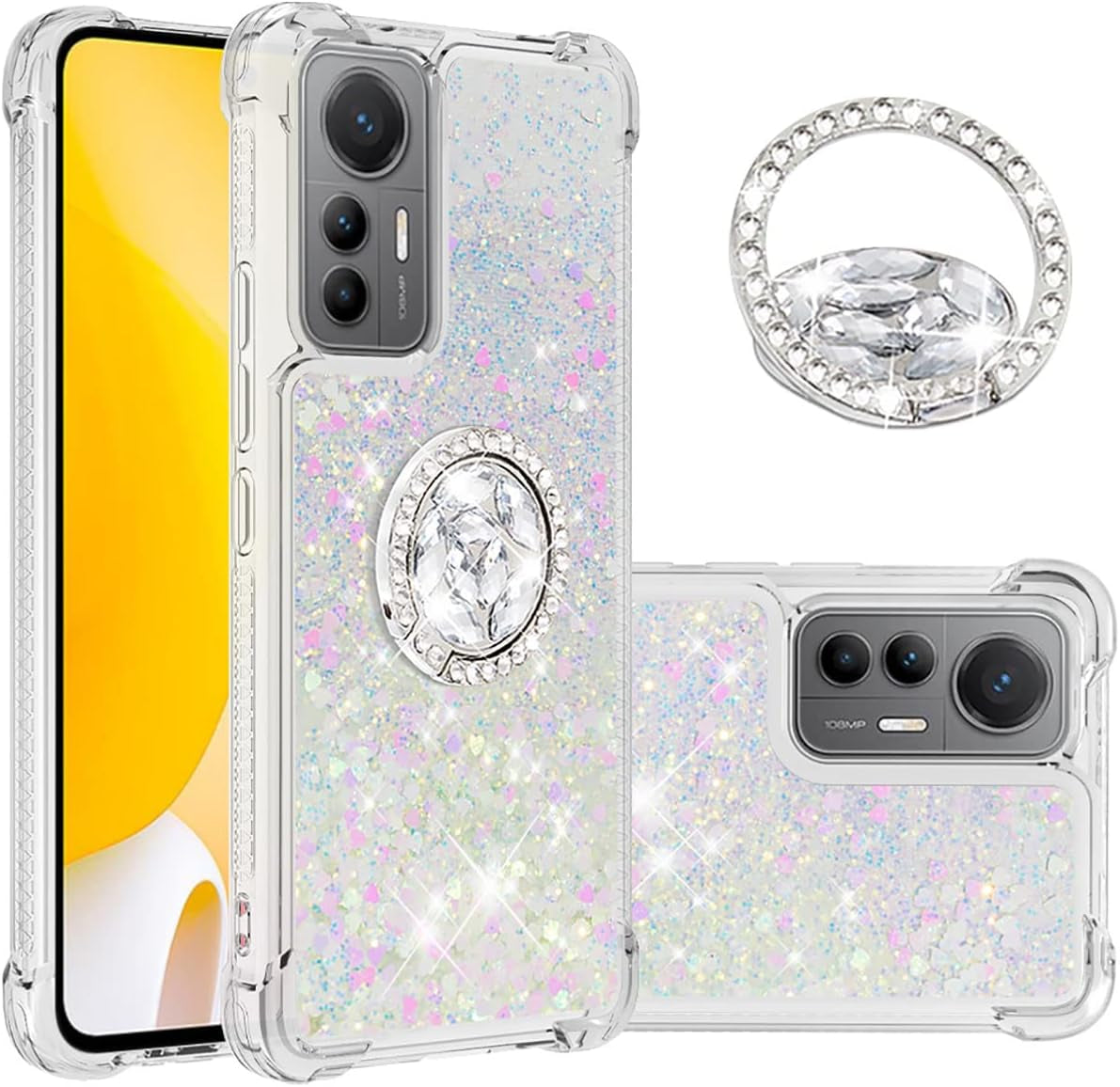 Ccsmall Glitter Clear Sparkly Bling Case for Xiaomi 12 Lite, Rugged Shockproof Flowing Liquid Floating Cover for Women with Ring Holder Phone Case for Xiaomi 12 Lite LSZ Purple CCSmall Colorful Xiaomi 12 Lite