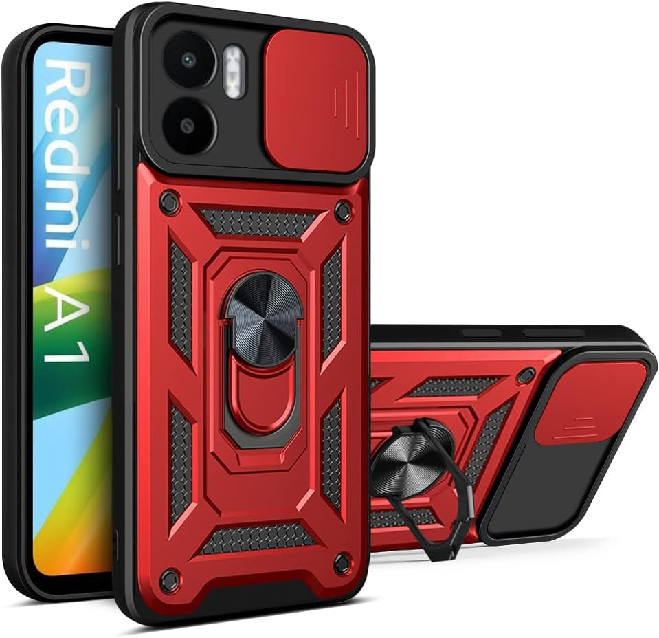 Ccsmall Case for Xiaomi Redmi A1 with Slide Camera Cover, Military Grade Drop Protective Phone Cover Case with Ring Kickstand for Xiaomi Redmi A1 SJ Green CCSmall Red