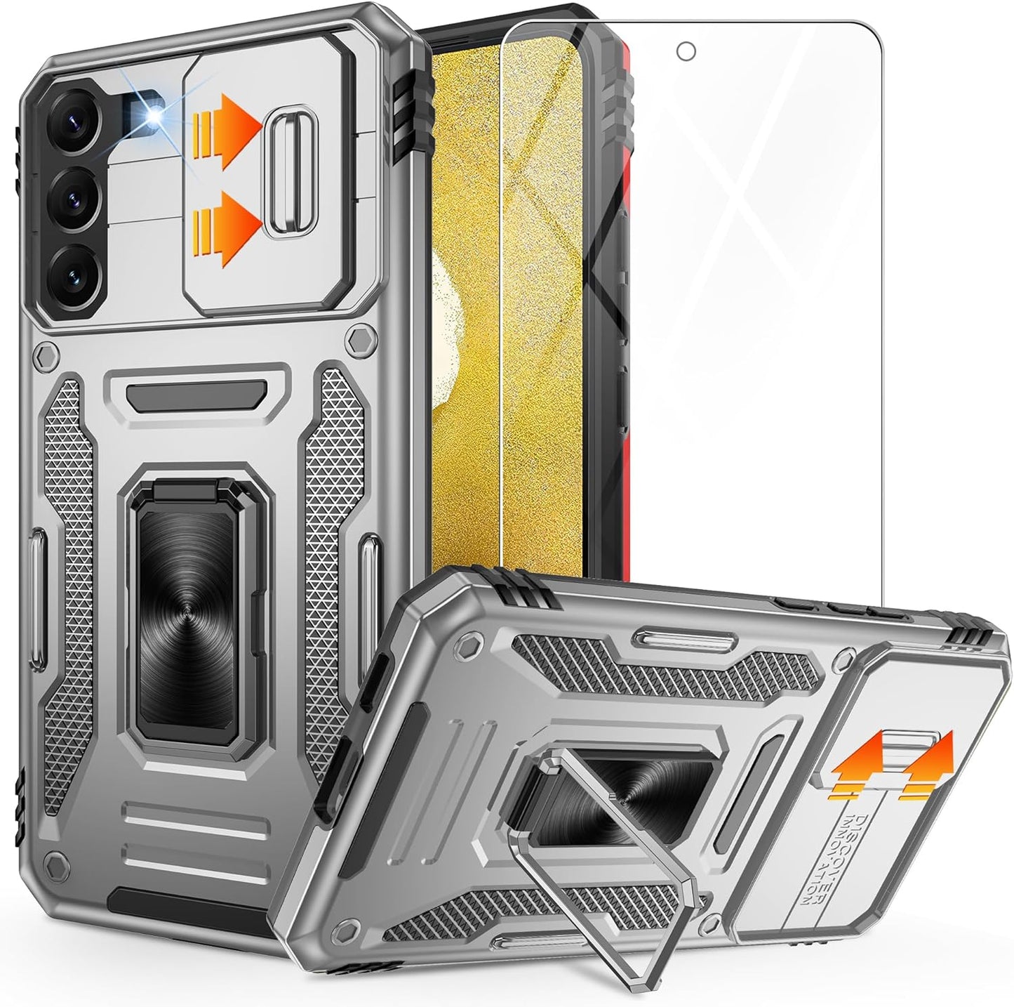 Galaxy S22 Case,S22 Case with Slide Camera Cover and Screen Protector, Shockproof Samsung S22 Galaxy Case with 360° Magnetic Ring Holder Kickstand Phone Case for Samsung S22 Black Gritup Gray