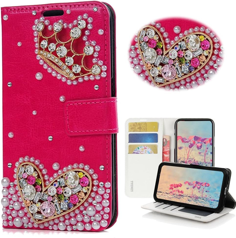 STENES LG G6 Case, LG G6 plus Case - STYLISH - 3D Handmade Bling Crystal S-Link Butterfly Floral Wallet Credit Card Slots Fold Stand Leather Cover Case for LG G6/LG G6 plus - Red STENES Crown Heart / Red