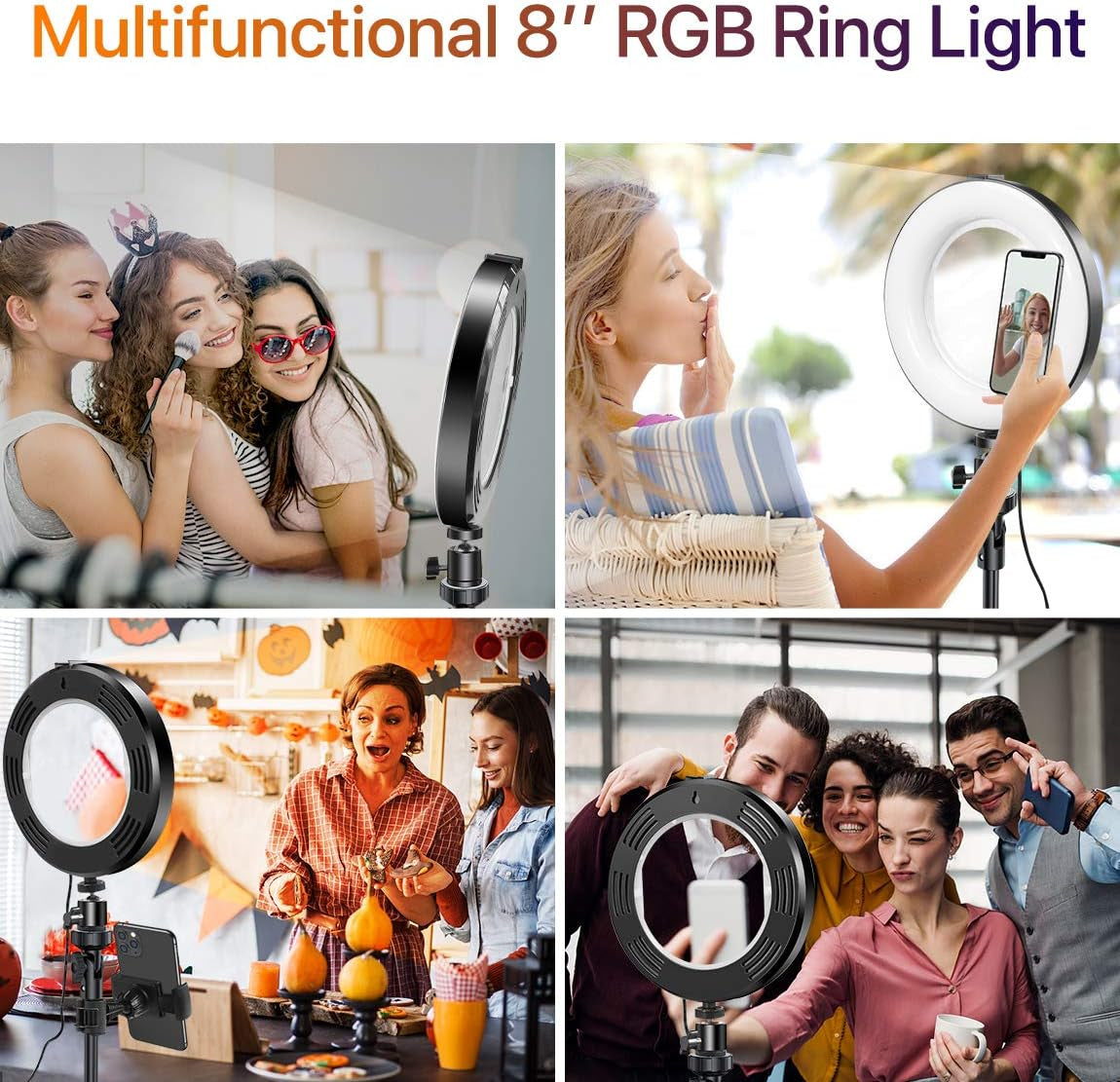 Miracase 8" Ring Light with Stand, 14 Colors RGB LED Ring Light with Tripod Stand and Phone Holder & 10 Brightness Level & Camera Remote Shutter for Makeup,Youtube,Video,Photography Miracase