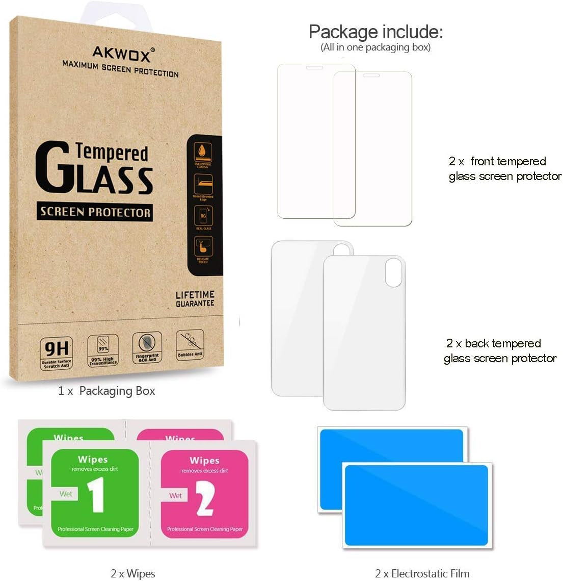 AKWOX (4-Pack) Compatible with Iphone Xs Max Screen Protector with Back Covers, 9H Tempered Glass Front Screen Protector and Back Screen Protector for Iphone XS Max AKWOX