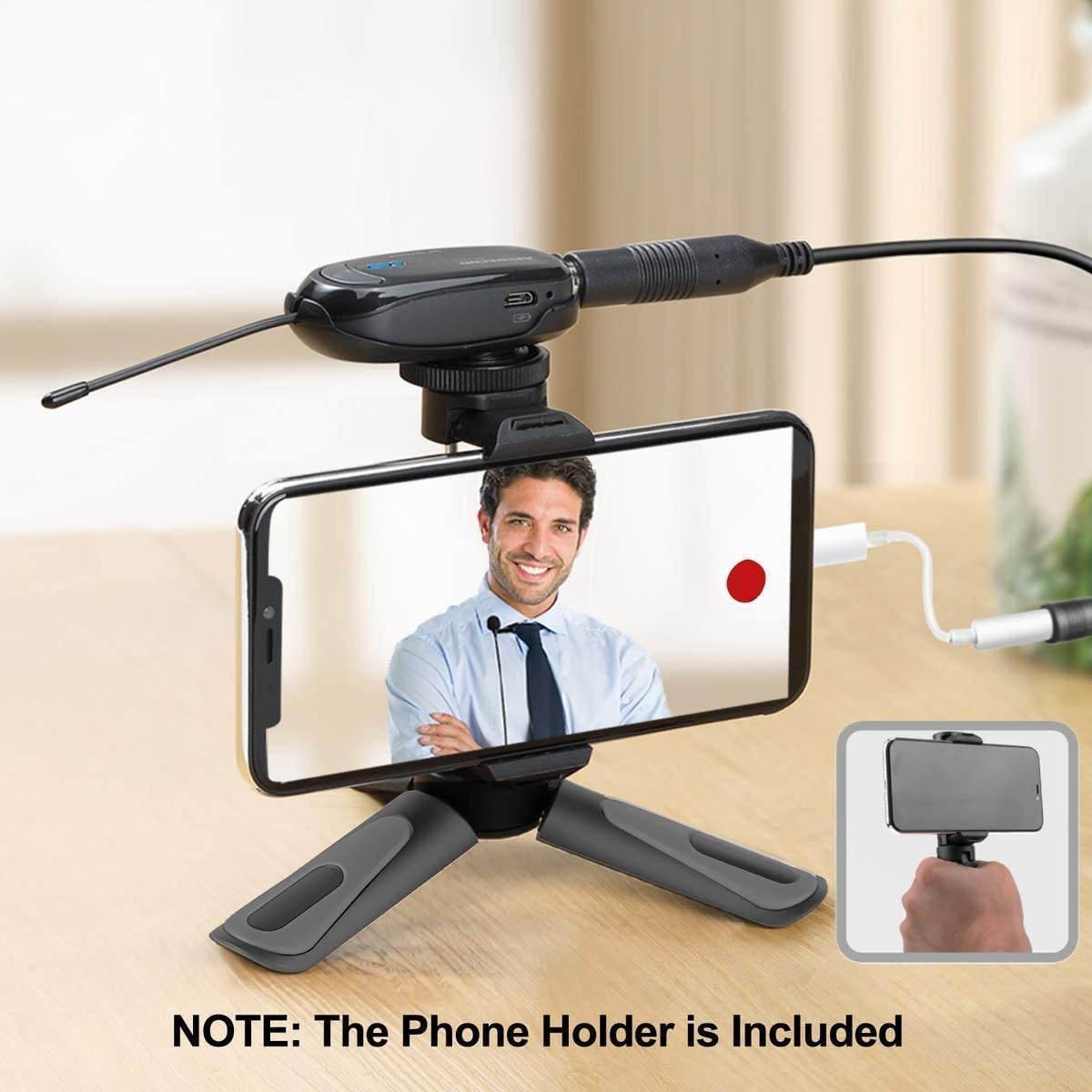 Alvoxcon Wireless Headset Lavalier Microphone System with Phone Holder Dual Wireless Lapel Mic for Iphone, DSLR Camera, PA Speaker, Youtube, Zoom, Podcast, Video Recording, Conference, Vlogging, Alvoxcon