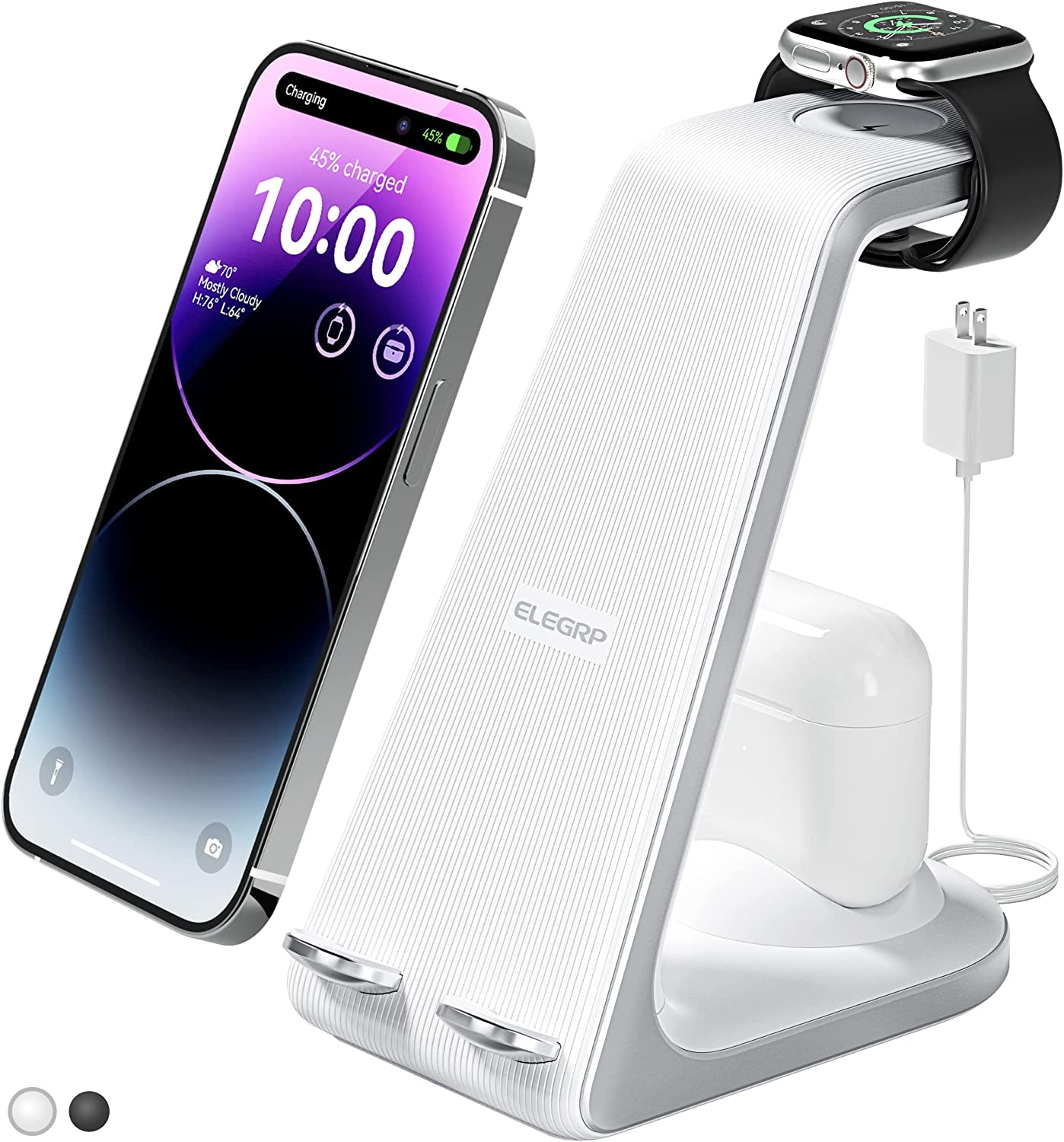 ELEGRP Wireless Charging Station, 3 in 1 Wireless Charger, Charging Dock for Iphone 14/13/12/11/Pro/Max and SE/8 Samsung Phone, Apple Watch and Airpods (With 18W Adapter) Black ELEGRP White
