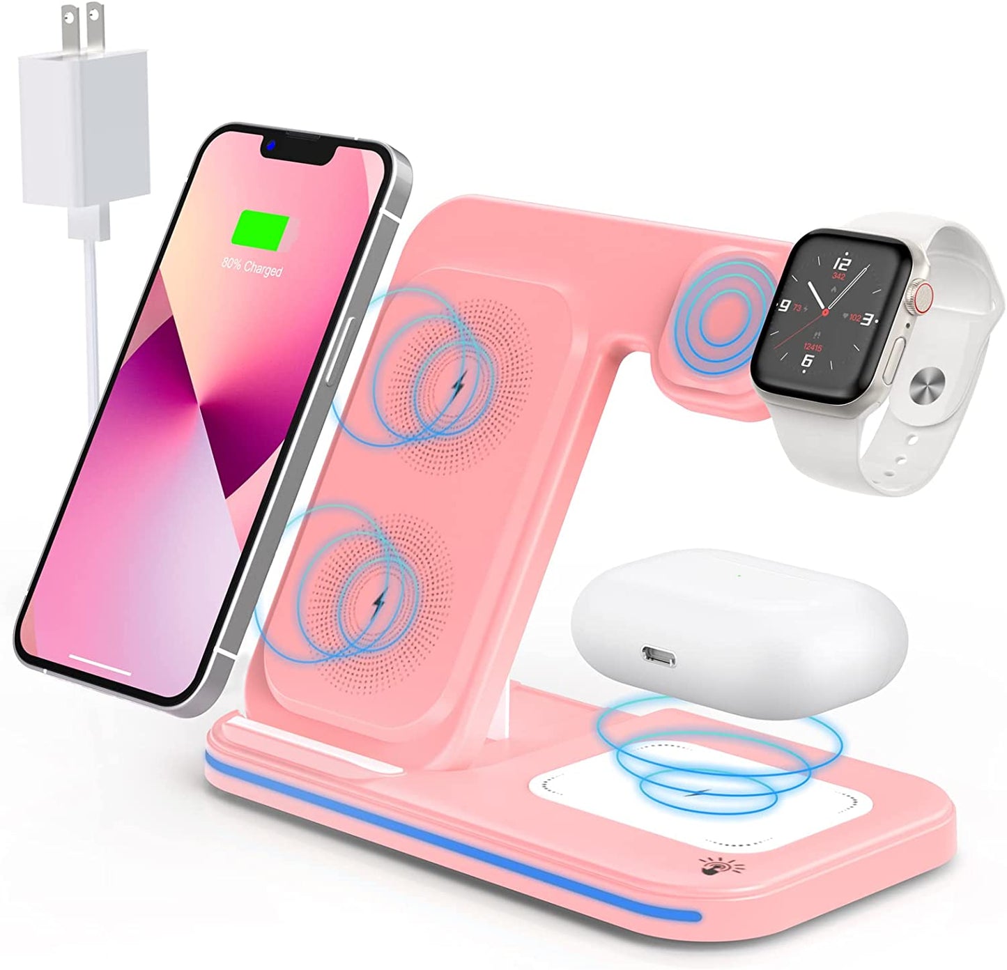 Charger Station for Apple Multiple Devices, 3 in 1 Fast Wireless Charger Stand Dock Foldable for Iphone 14 13 12 11 Pro X XS 8 plus Apple Watch Series 8 7 6 SE 5 4 3 2 & Airpods 3/2/Pro with Adapter Shenzhen OJD Technology Co.,LTD Pink