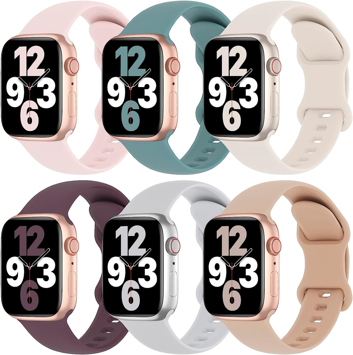 6 Pack Silicone Bands Compatible with Apple Watch Band 38Mm 40Mm 41Mm 42Mm 44Mm 45Mm 49Mm, Soft Sport Waterproof Strap Replacement Wristband for Iwatch Ultra Series 8 SE 7 6 5 4 3 2 1 Women Men Slimband Sand Pink/Cactus/Starlight/Dark Cherry/Gray/Milk Tea 38mm/40mm/41mm