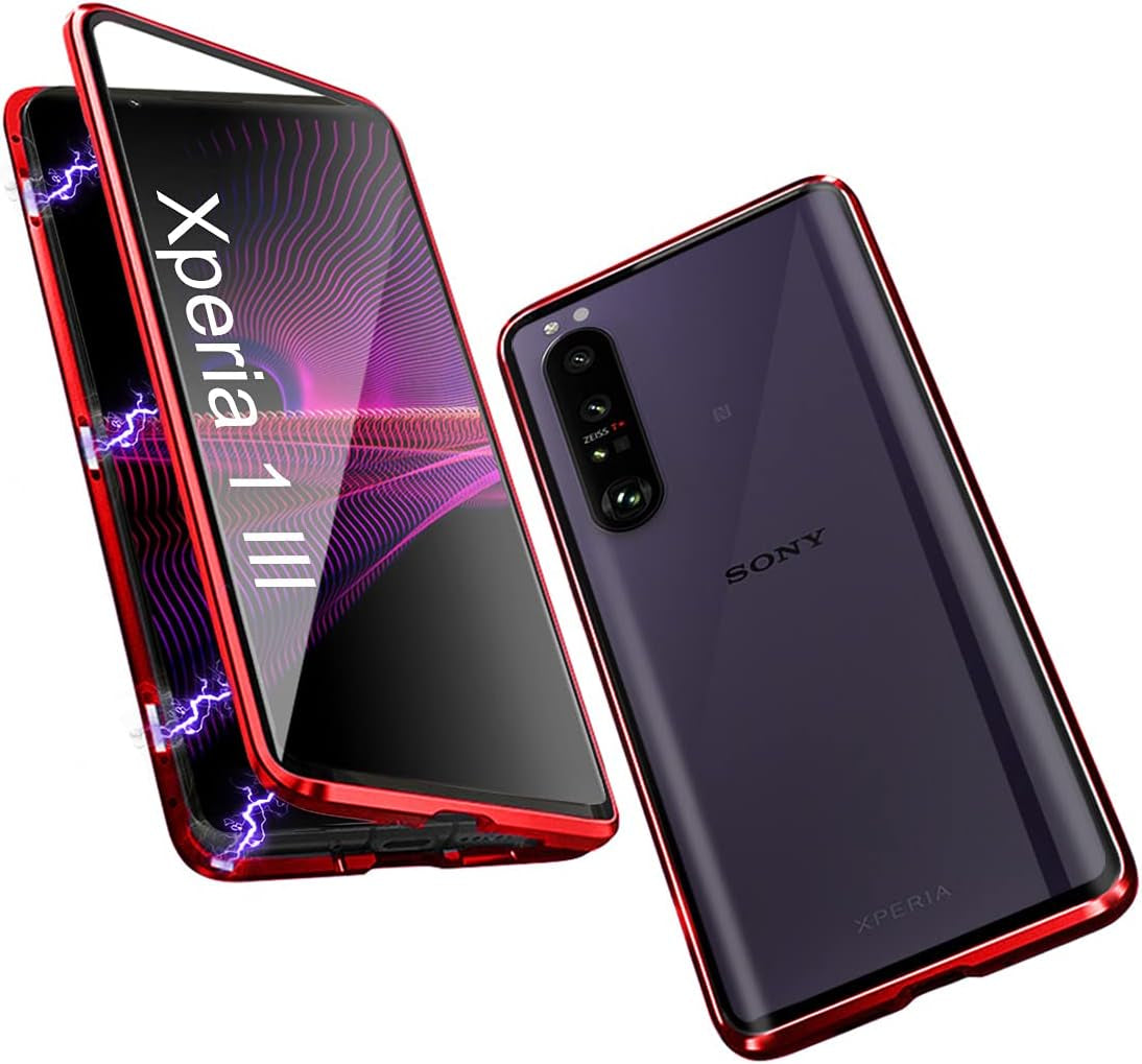 Compatible Sony Xperia 1 III Case Clear,Magnetic Slim Metal Frame Double-Sided Transparent Tempered Glass Case with Screen Lens Protect,Black QUIETIP Red 6.5 Inches