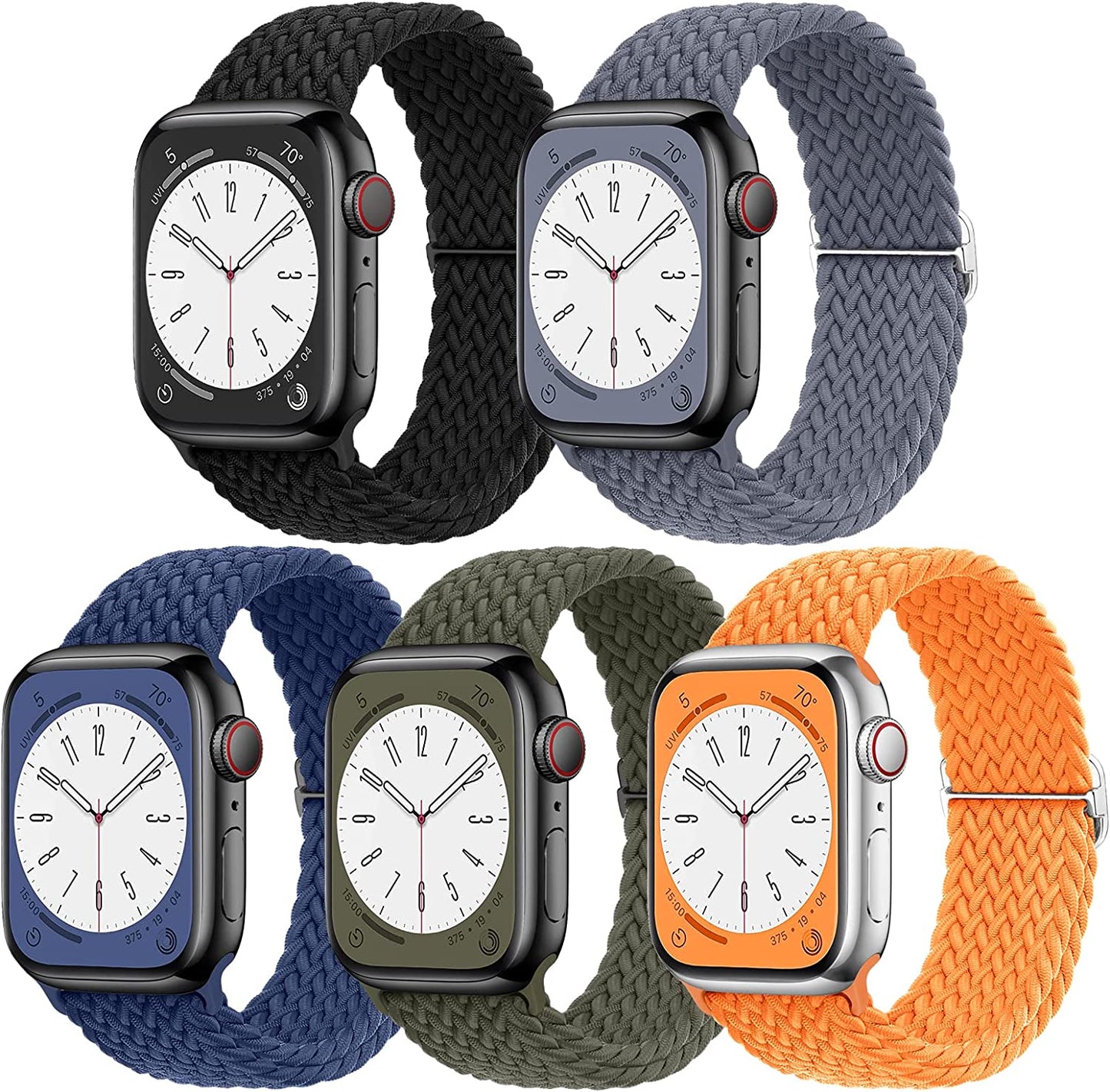 EOMTAM 5 Pack Braided Stretchy Straps Compatible for Apple Watch Band 49Mm 45Mm 44Mm 42Mm 38Mm 40Mm 41Mm Men Women ,Sport Elastic Nylon Cloth Adjustable Wristbands for Iwatch Series Ultra 8 SE 7 6 5 4 3 EOMTAM Olive/Orange/ Navy/Blue Gray/Black 41MM/40MM/38MM