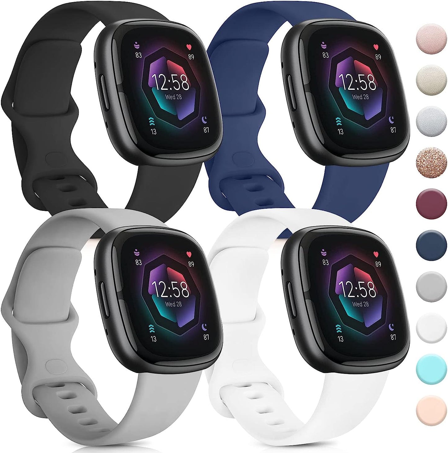 4 PACK Bands Compatible with Fitbit Sense 2 / Sense Bands/ Fitbit Versa 4/ Versa 3 Bands Women Men, Classic Soft Silicone Straps for Fitbit Sense 2 / Sense / Versa 4 / Versa 3 Smart Watch AK Black/Navy Blue/Gray/White Large