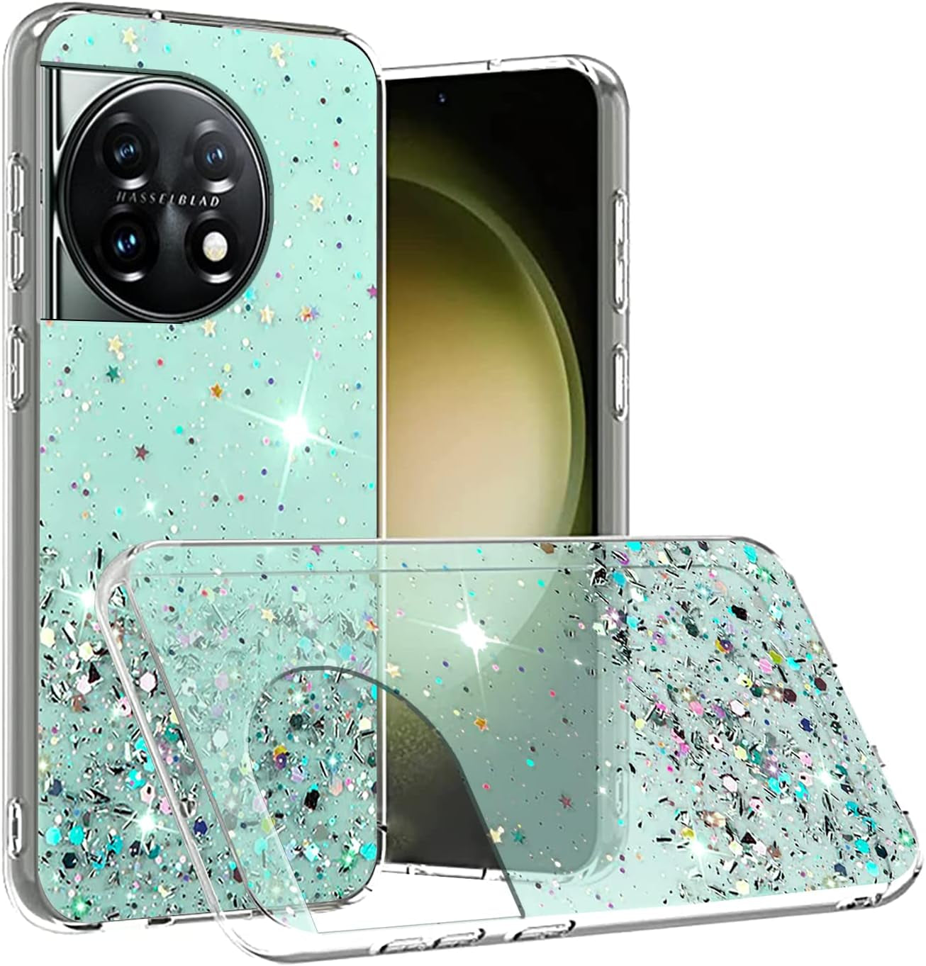 Compatible with Oneplus 11 Case Glitter Clear Green, Oneplus 11 Phone Case Silicone Transparent Soft TPU Women Girls Shockproof Protective Slim Cover (Black) Wousunly Green