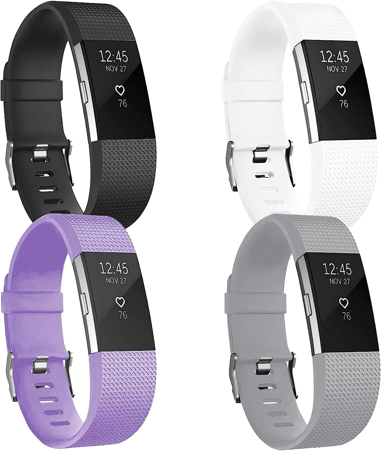 4 Pack Bands for Fitbit Charge 2,Silicone Fitness Sport Wristbands for Women Men Large(Black + Navy Blue + Dark Grey + Slate Blue) SENGKOB black + white + light gray + light purple Small