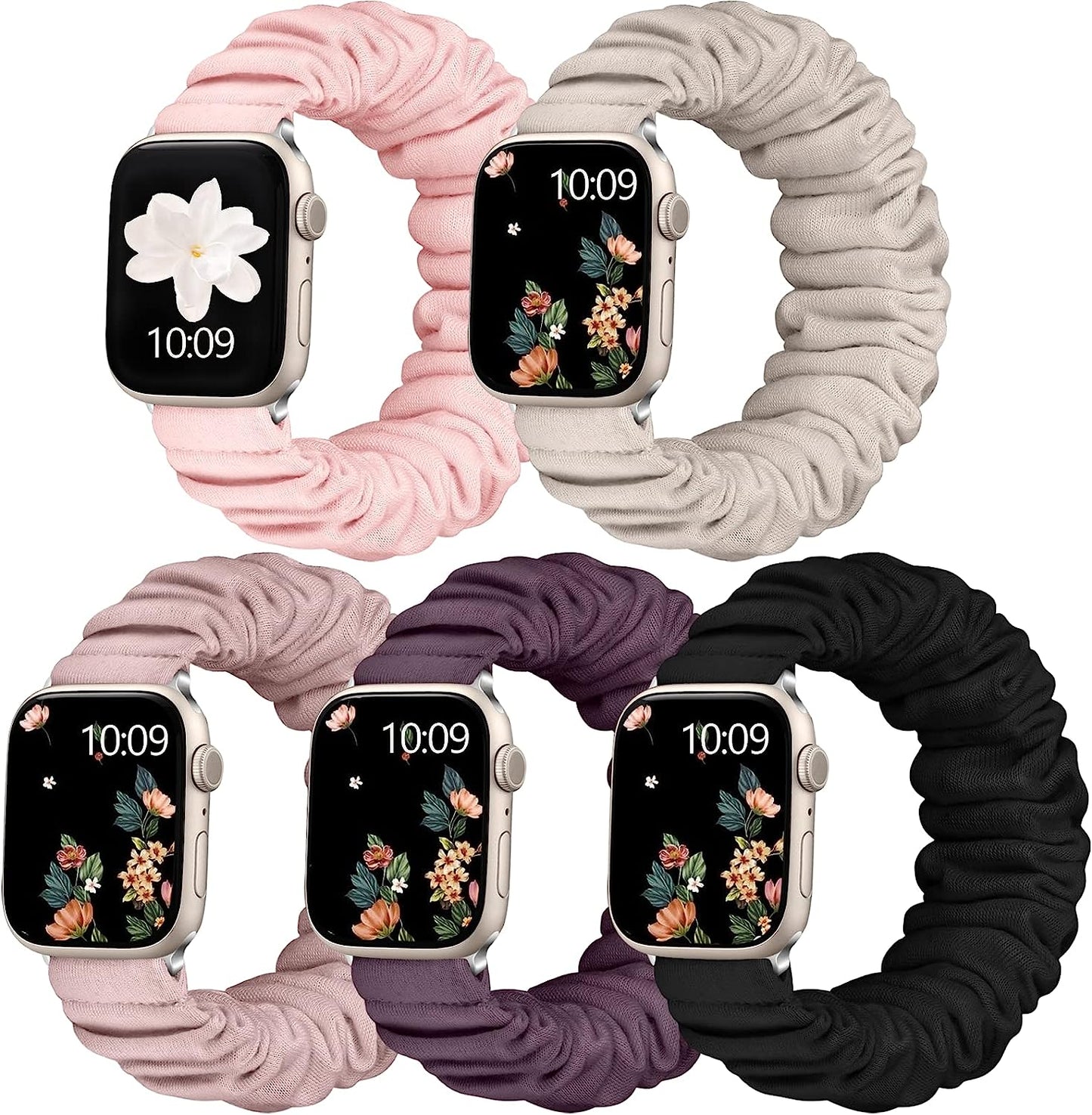 Adorve 5 Pack Scrunchie Bands Compatible with Apple Watch Band 38Mm 40Mm 41Mm 42Mm 44Mm 45Mm 49Mm for Women, Cute Fabric Scrunchy Adjustable Elastic Strap for Iwatch SE Ultra Series 8 7 6 5 4 3 2 1 Adorve Black/Pink/Smoke Violet/Starlight/Milk Tea 38/40/41mm