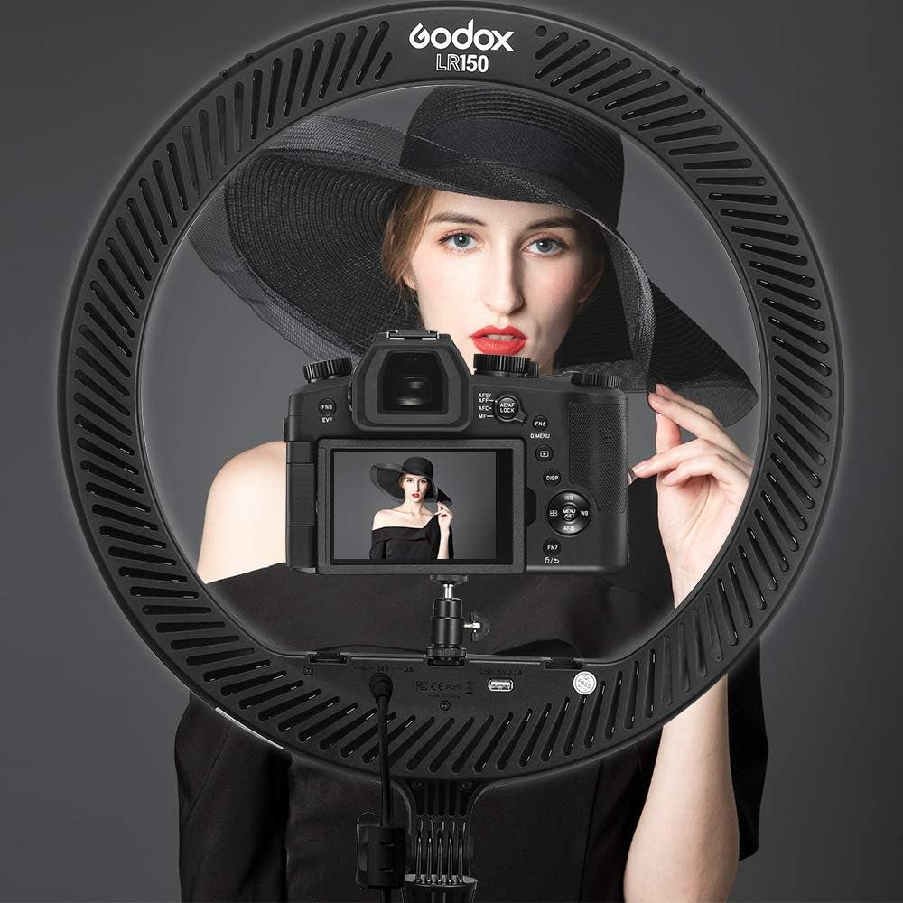Godox LR150 18 Inch LED Ring Light with Tripod Stand & Phone Holder,3000K-6000K Dimmable Selfie Ring Light for Makeup Studio Portrait Youtube Tiktok Vlog Video Shooting (Black) Godox
