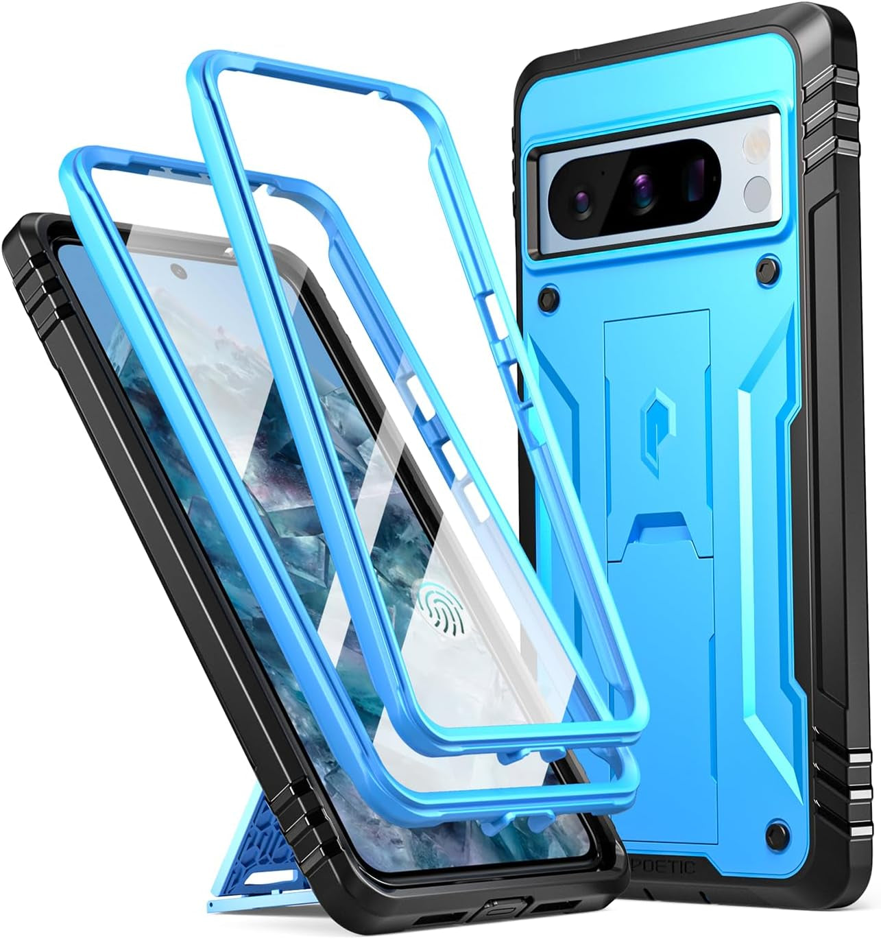 Poetic Revolution Case for Google Pixel 8 Pro 5G 6.7 Inch, Built-In Screen Protector Work with Fingerprint ID, Full Body Rugged Shockproof Protective Cover Case with Kickstand, Black Poetic Light Blue