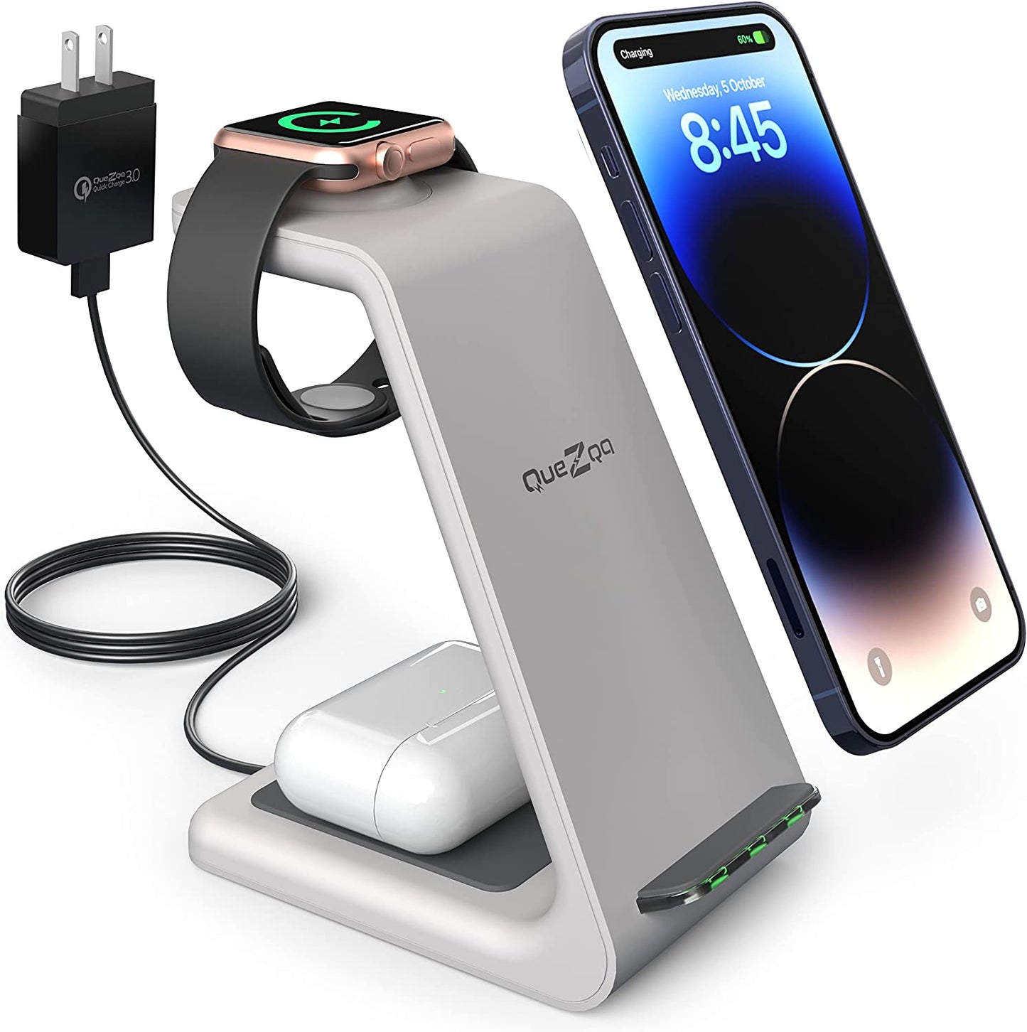 Quezqa Wireless Charging Stand - Fast Wireless Charger - 3 in 1 Charging Station for Apple Airpods Pro 3 2 Apple Watch Ultra 8 7 SE 6 5 4 Iphone 14 Pro Max 14 plus 13 12 11 Pro Max with QC3.0 Adapter QUEZQA Grey