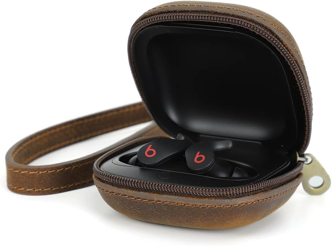 Leather Case for Beats Fit Pro,Hiram Crazy Horse Cowhide Leather Portable Travel Case for Beats Fit Pro,Wireless Earphone Cases for Beats Fit Pro Charging Case(Brown) Hiram Coffee