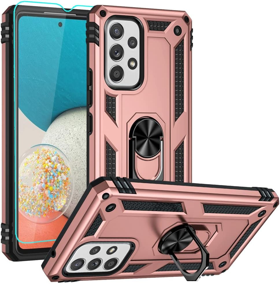 Androgate for Galaxy A53 5G Case, Samsung A53 5G Case with HD Screen Protector, Military-Grade Ring Holder Kickstand Car Mount 15Ft Drop Tested Shockproof Cover Phone Case for Galaxy A53 5G, Blue E&M Tek Rose Gold