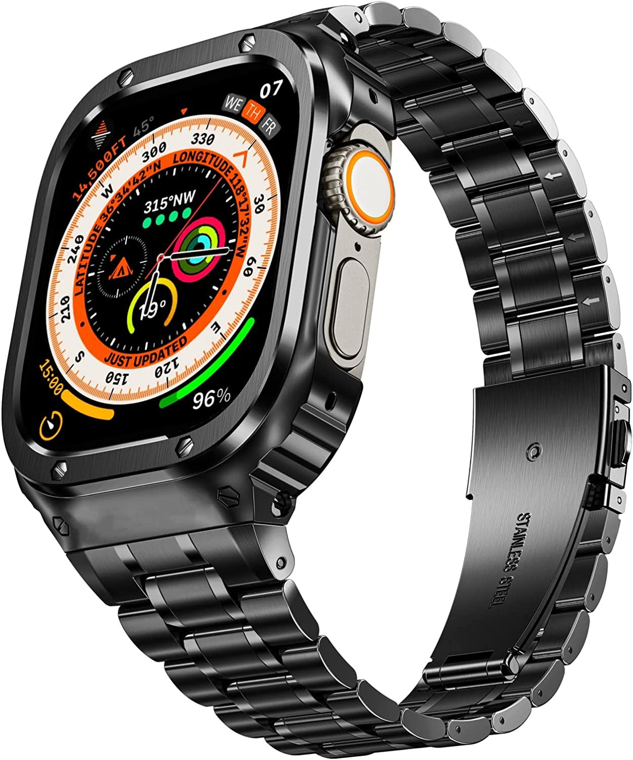 Miohhr Stainless Steel Watch Band with Case Compatible with Apple Watch Ultra (49Mm),Rugged Strap with Metal Protective Bumper Cover for Iwatch Band Men (Silver) MioHHR Black-49 49mm(Ultra)