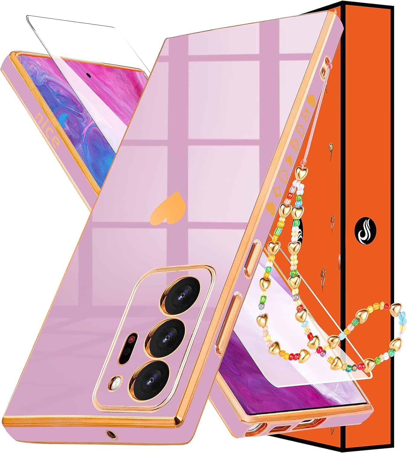 Shorogyt (3In1 Heart Case for Samsung Galaxy Note 20 Ultra 5G/4G 6.9 Inch Women Cute Aesthetic Love Hearts Pattern Girls Dark Blue Gold Luxury Girly Design Cases Cover+Screen+Chain for Note20 Ultra qunxiner Only For Samsung Note 20 Ultra Purple