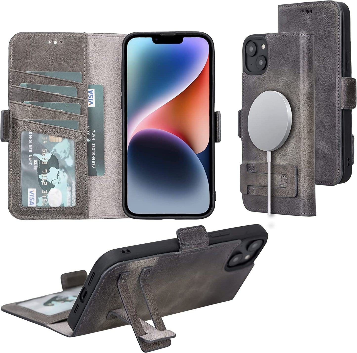 Bayelon Leather Wallet Case for Iphone 14 Pro Max - Flip Cover Card Holder Slots, Iphone 14 Pro Max Case Compatible with Apple Magsafe, Full Grain Leather Folio Case, Kickstand Function (A. Camel) Bayelon Smoked Black (14 Plus) iPhone 14 Plus (6.7")